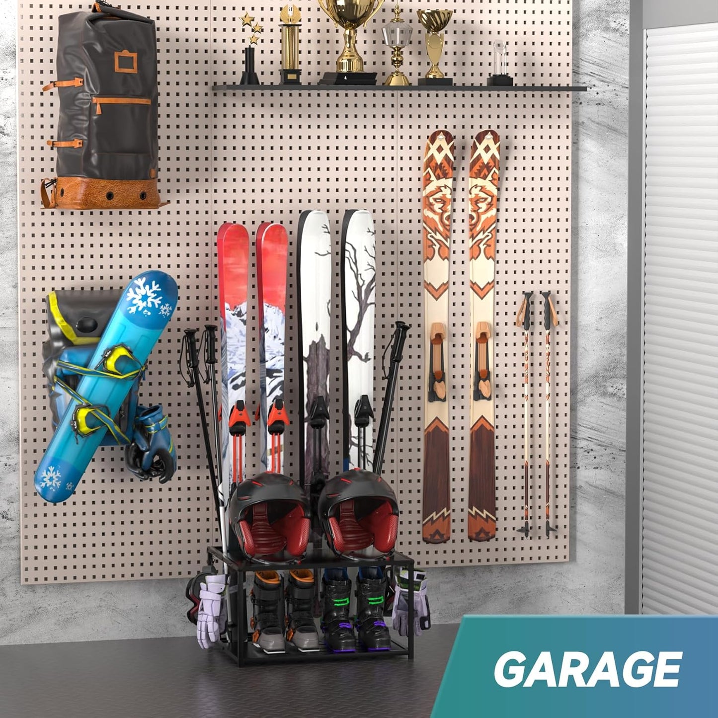 Freestanding Ski Holders for 4Pairs of Skis Ski Boot, Poles,Goggles, Helmet and More,Storage Rack for Garage, Heavy Duty Steel Floor Stand Ski Organizer for Garage Basement(Double-Layer storage shelf)
