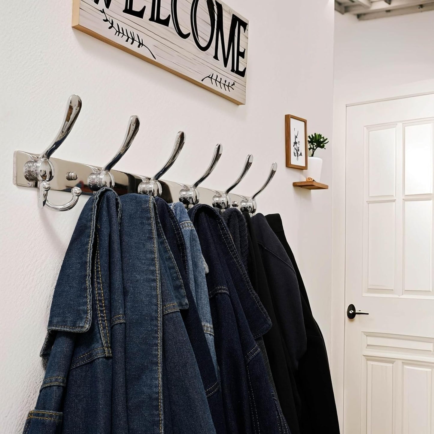 Dseap Coat Rack Wall Mount 2.0 Pro: 24” Long, 3X Tougher, Heavy Duty Stainless Steel Wall Coat Hanger with 6 Tri Hooks for Clothes Jackets Hats Entryway Closet, Chromed, Pack of 2
