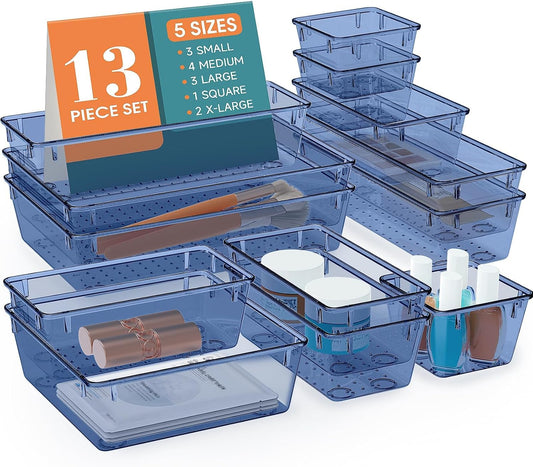13 PCS Drawer Organizer Set, 5 Varied Size Bathroom and kitchen Drawer cabinet organizer Trays, Clear Storage Bins for Makeup, Jewelry, Utensils and Gadgets, Dark Blue