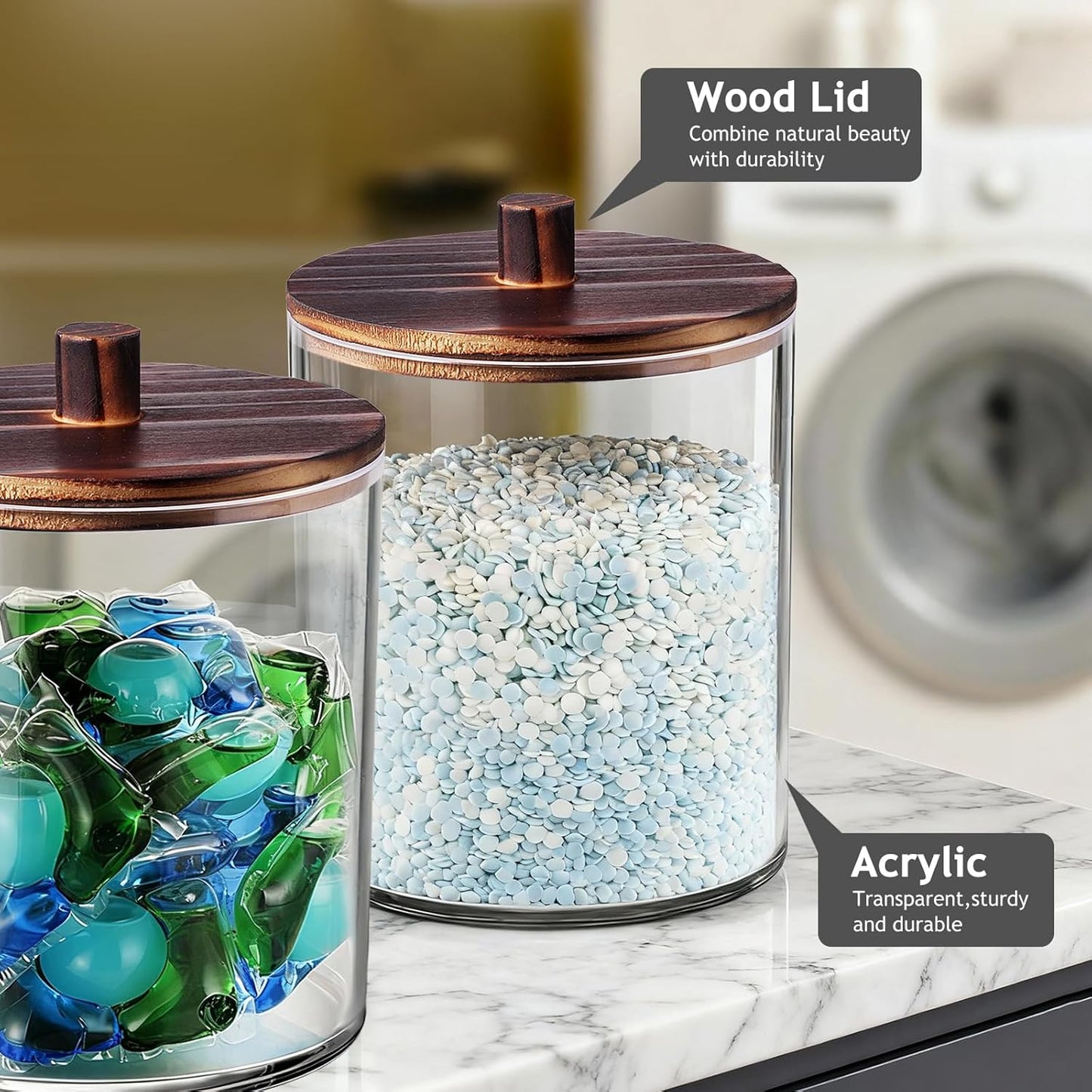 SheeChung 1 Pack 50 Oz Large Apothecary Jar with Wood Lid, Laundry Pods Container, Storage Jars for Bathroom Organization, Plastic Canisters with Cute Stickers Spoons(Dark Brown)