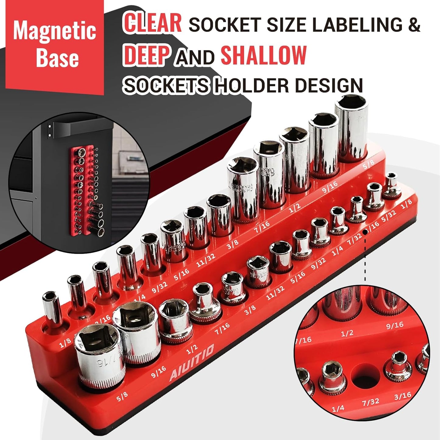 6-Piece Magnetic Socket Organizer Set, Magnetic Socket Holder Includes 1/4", 3/8", 1/2" Drive Metric SAE Socket Trays,Holds Standard and Deep Sockets (6-Piece Magnetic Socket Organizer)
