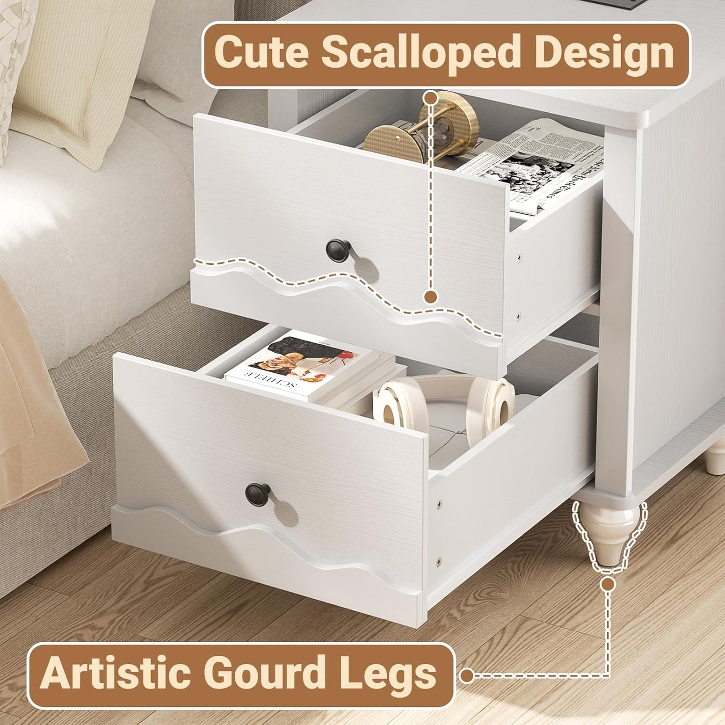 Cyclysio Nightstand with Charging Station, Side End Table with 2 Drawers, Modern Wood Night Stand with Scalloped Pattern for Bedroom, Bedside Night Tables with Solid Wood Gourd Legs