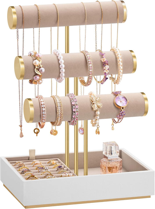 SONGMICS Bracelet Holder Stand, Jewelry Display Stand, Jewelry Organizer, with 3 Tiers and Velvet Tray, Removable Ring Holder, Christmas Gift, Cloud White and Camel Brown UJJS027A01