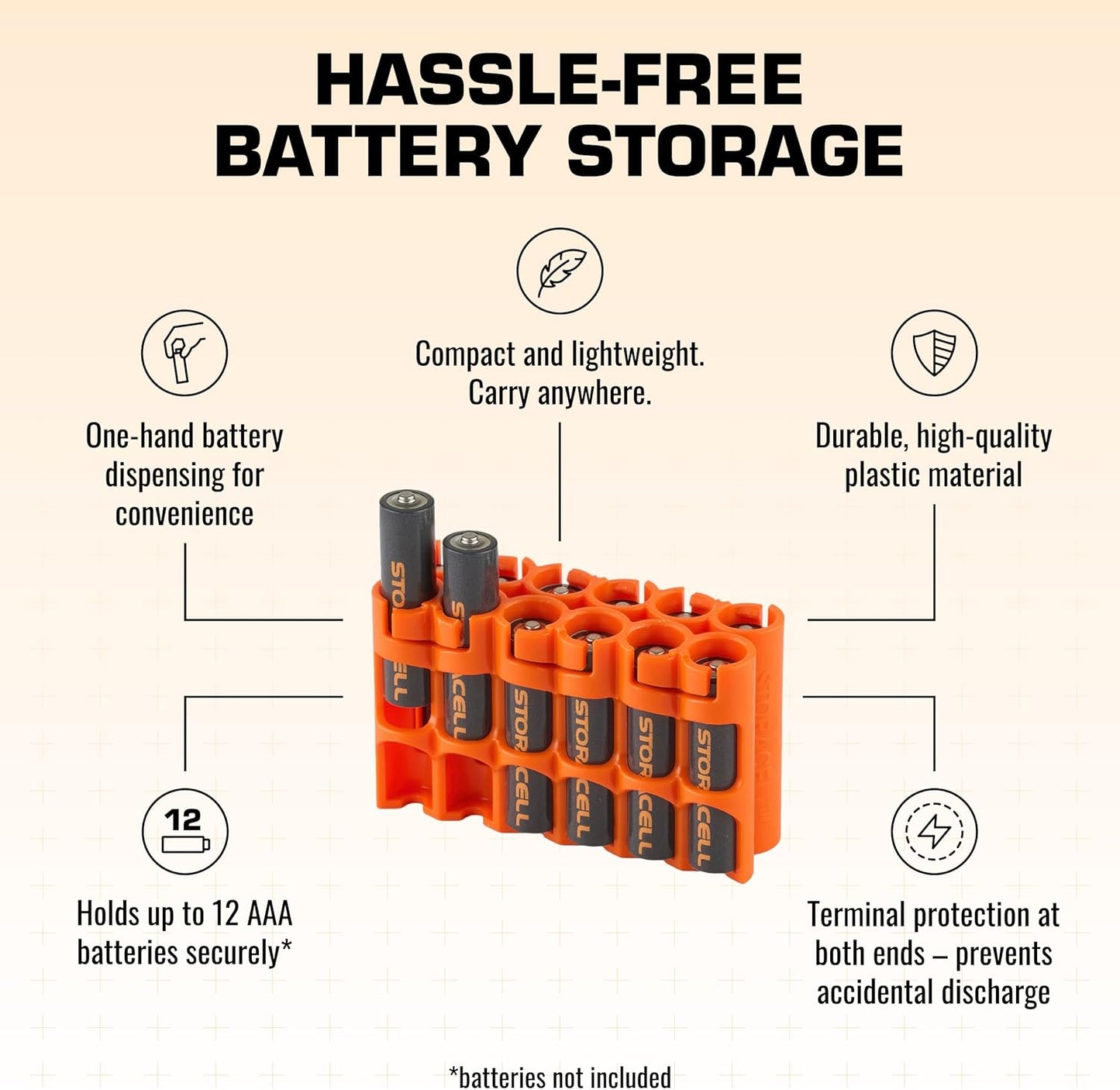 Storacell AAA-12 Battery Storage Caddy and Dispenser (Pack of 2), Orange, Holds 12 AAA Batteries (Not Included), Durable & Compact Design, The Original Battery Caddy, Made in The USA
