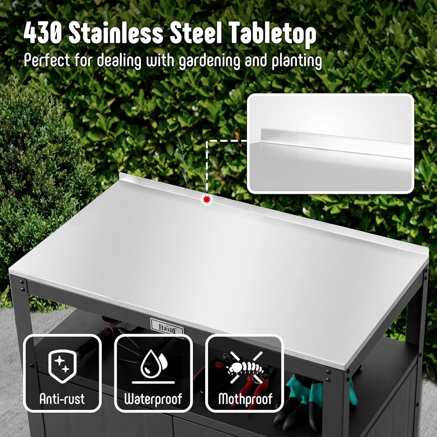 Garden Potting Bench with Storage Cabinet, Outdoor Gardening Table & Work Bench for Plants, Horticulture, Outdoor Workstation with Stainless Steel Tabletop, Outdoor Work Table