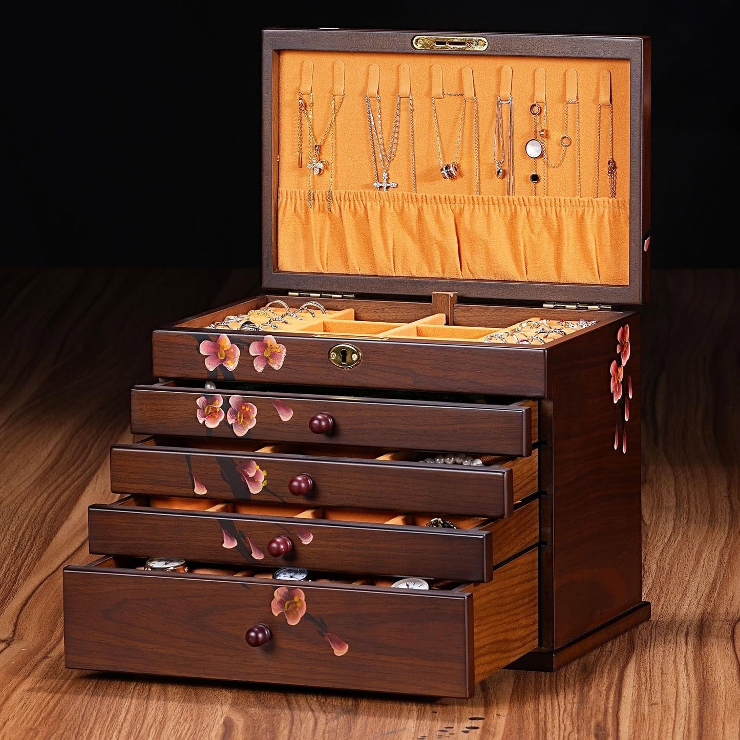 Vintage Wooden Jewelry Boxes with Lock & Key - Hand-Painted Large Jewelry Organizer, 6-Layer jewelry organizers and storage, Rustic Tabletop Jewelry Storage Box for Women/Men