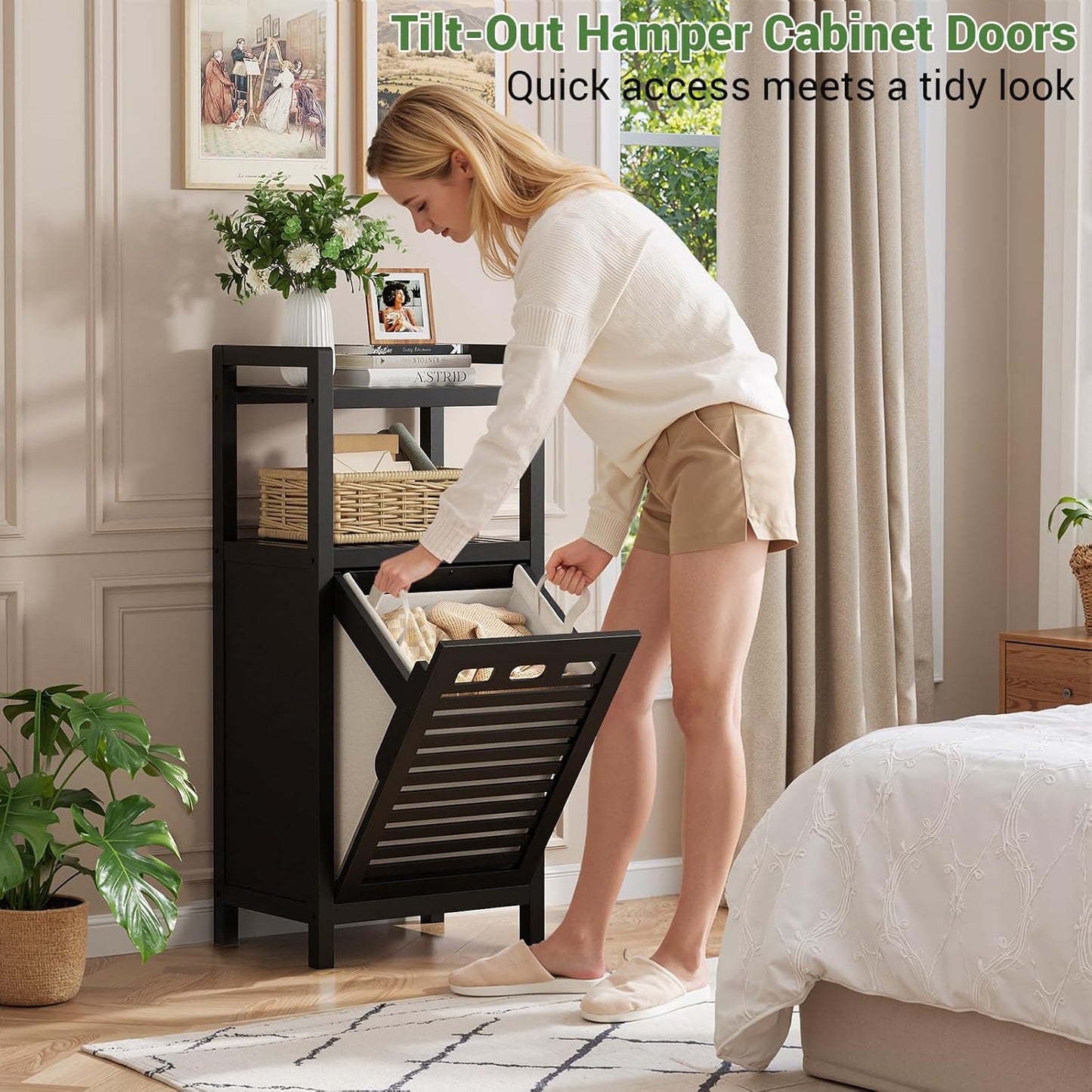 Homykic Tilt Out Laundry Hamper, 10 Gal Bamboo Laundry Storage Cabinet with Removable Basket, Hidden Hamper Organizer with Shelf for Dirty Clothes, Bathroom, Laundry Room, Space Saving, Black