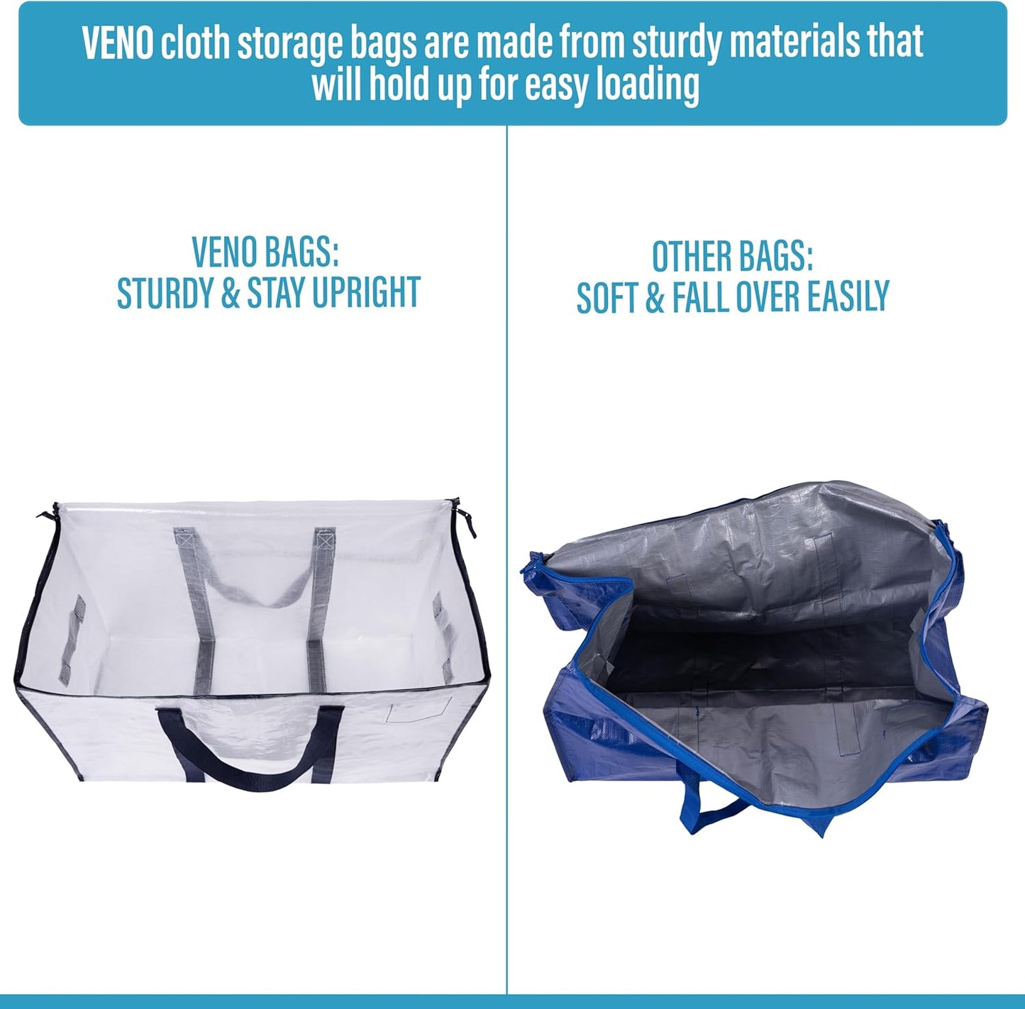 VENO 10 Pack Moving Bags and Large Christmas Storage Bins with lids. Alternative to Moving Boxes, Packing Supplies for College. Extra Large Heavy Duty Totes for Packaging (Clear, 10 Pack)