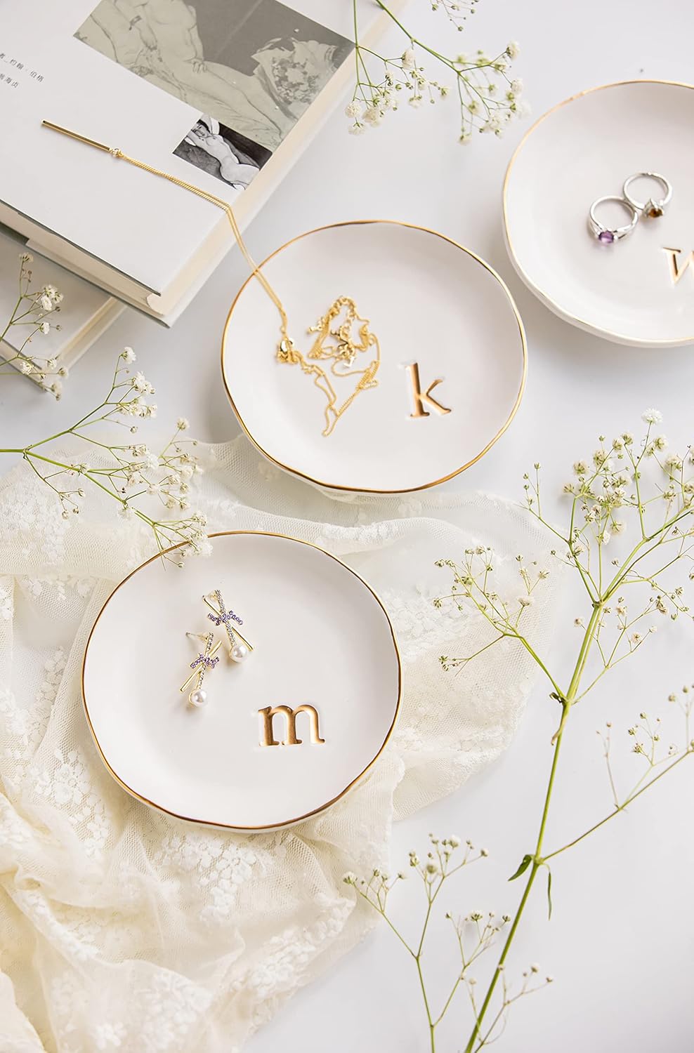COLLECTIVE HOME - Ceramic Jewelry Tray, Decorative Trinket Dish for Rings Earrings Necklaces Bracelet Watch Keys, Birthday Mother's Day Christmas Gift for Women, 4.75", White Surface (K)