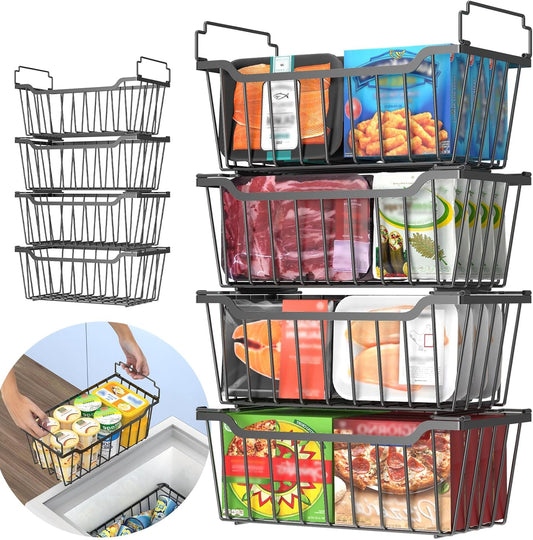 Goovilla Freezer Organizer Bins with Foldable Handle, 8 Pack Stackable Freezer Baskets for 3.5-7 Cu.FT Deep Chest Freezer Organization, Coated Metal Freezer Storage Bins with Better Space Utilization