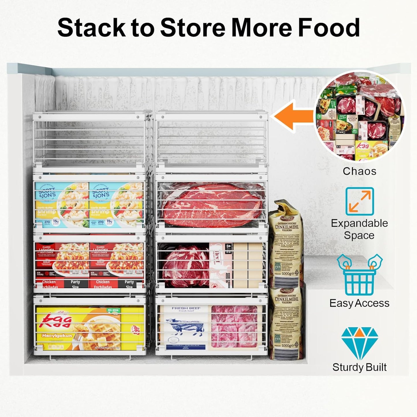 iSPECLE Freezer Organizer Bins - Fit 10 to 20 Cu.FT Deep Freezer, 8 Pack Large Expandable Stackable Chest Freezer Organizer Sort Frozen Food Easy to Get Food from Bottom without Digging, White