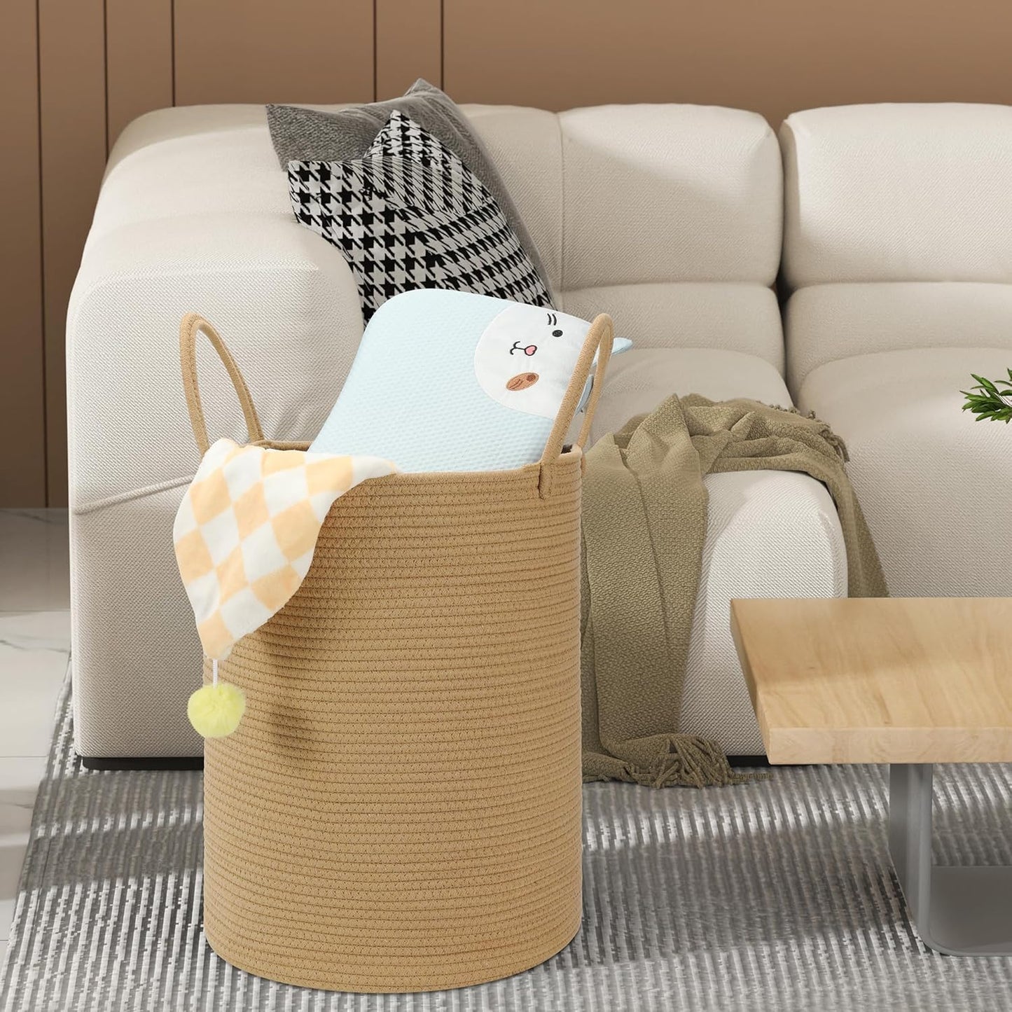 58L Cotton Rope Laundry Basket (20"x15"),Woven Basket for Storage Dirty Clothes Basket for Laundry, Living Room, Nursery, Bedroom Rope Storage Basket for Blankets（Brown）