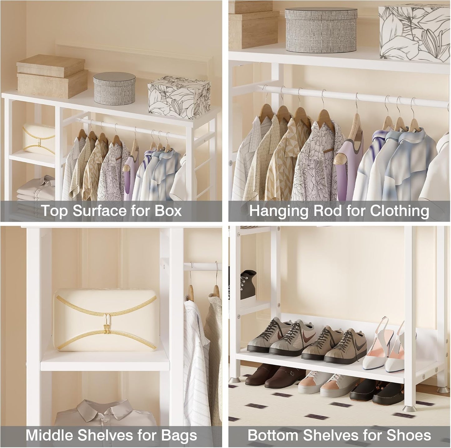 VECELO Open Garment Clothing Rack, Free-Standing Heavy Duty Storage Closet with 5 Shelves and Hanging Rod for Small Spaces, Max Load 350LBS, White