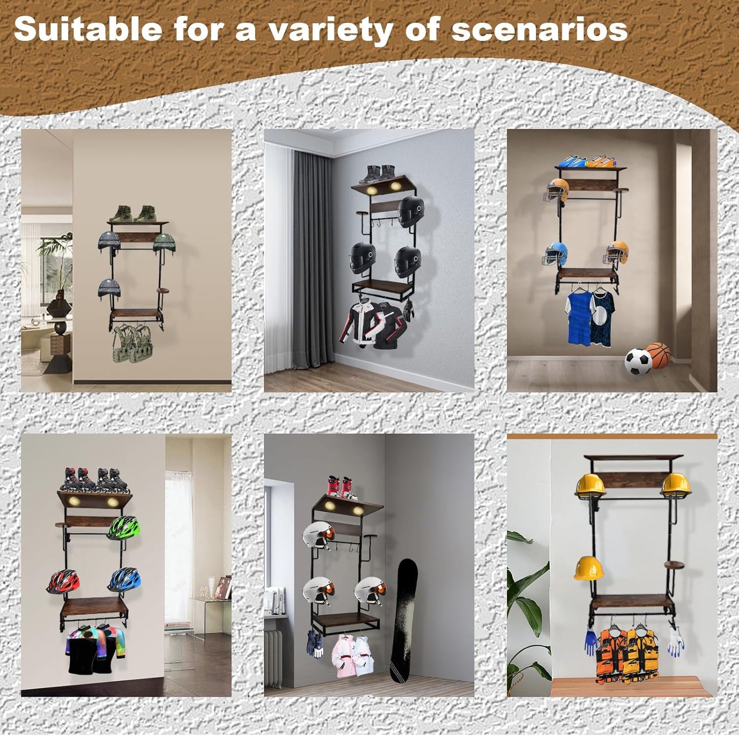 Motorcycle Helmet Holder Wall Mounted Motorcycle Gear Helmet Hook Rack Storage Helmet Hanger Display Stand Football Helmet Wall Mount with 2 Layer Wooden Boards and 4 Hat 14 Accesorios(Upgraded)