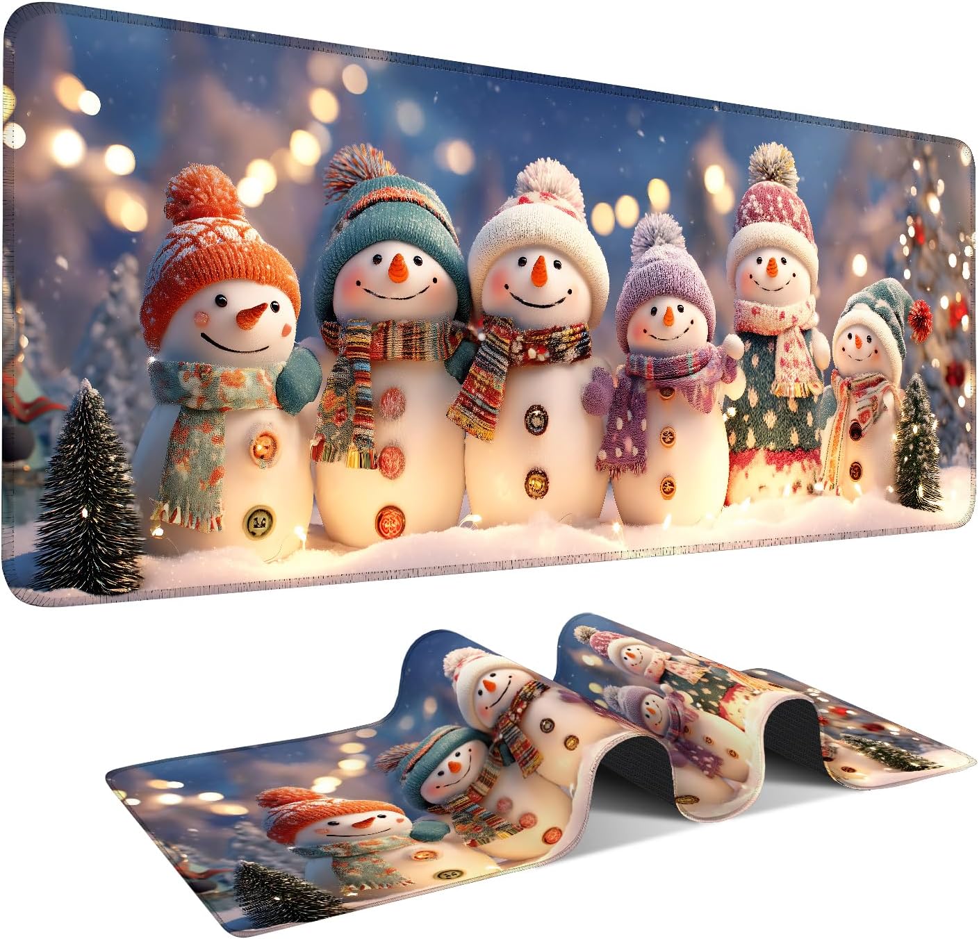 Six Snowmen Gaming Mouse Pad 31.5"x11.8"Desk Mat Anti-Slip Rubber Base & Durable Stitched Edges for Gamers Smooth Mouse Writing Surface for Desk Office/Home