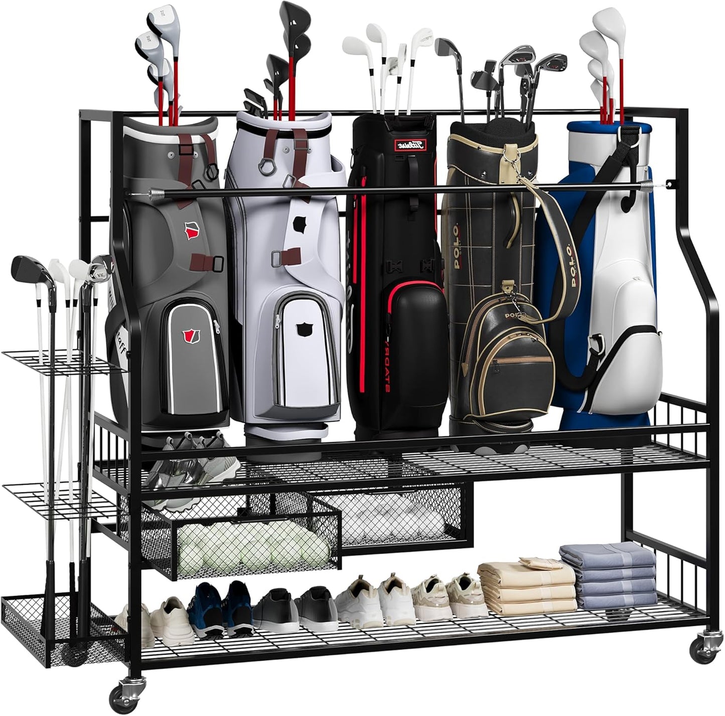 Golf Bag Storage Rack on Wheels, Mobile 5-Bag Organizer with Accessory Drawer for Golf Bag and Equipment Accessories Garage, Home, Basement