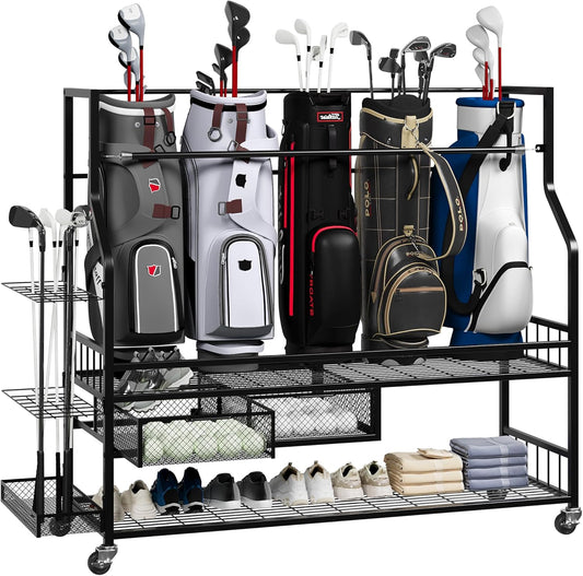 Golf Bag Storage Rack on Wheels, Mobile 5-Bag Organizer with Accessory Drawer for Golf Bag and Equipment Accessories Garage, Home, Basement