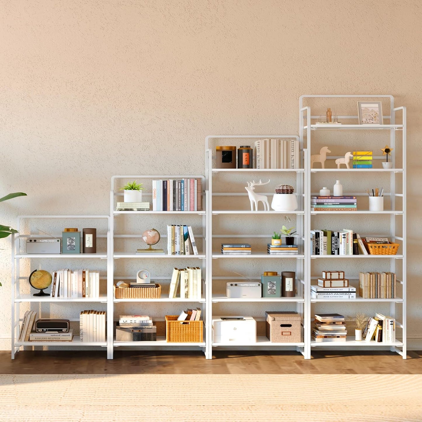4NM No Assembly 6 Tiers Folding Bookshelf Storage Shelves Vintage Bookcase Standing Racks Study Organizer Home Office (All White)