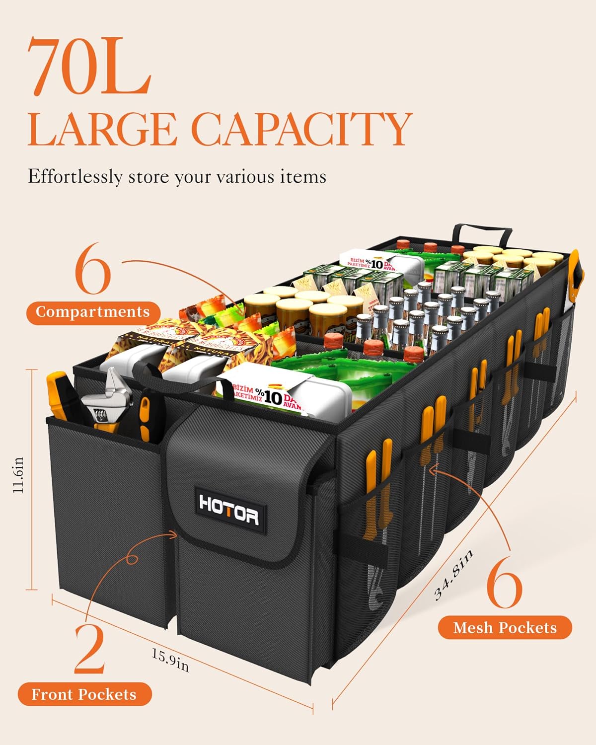 HOTOR Trunk Organizer - Car Organizer, Foldable Trunk organizer for SUVs & Sedans, Sturdy Car Organization for Car Accessories, Tools, Sundries, Black, 6 Compartments, 34.8"×16.0"×11.6"