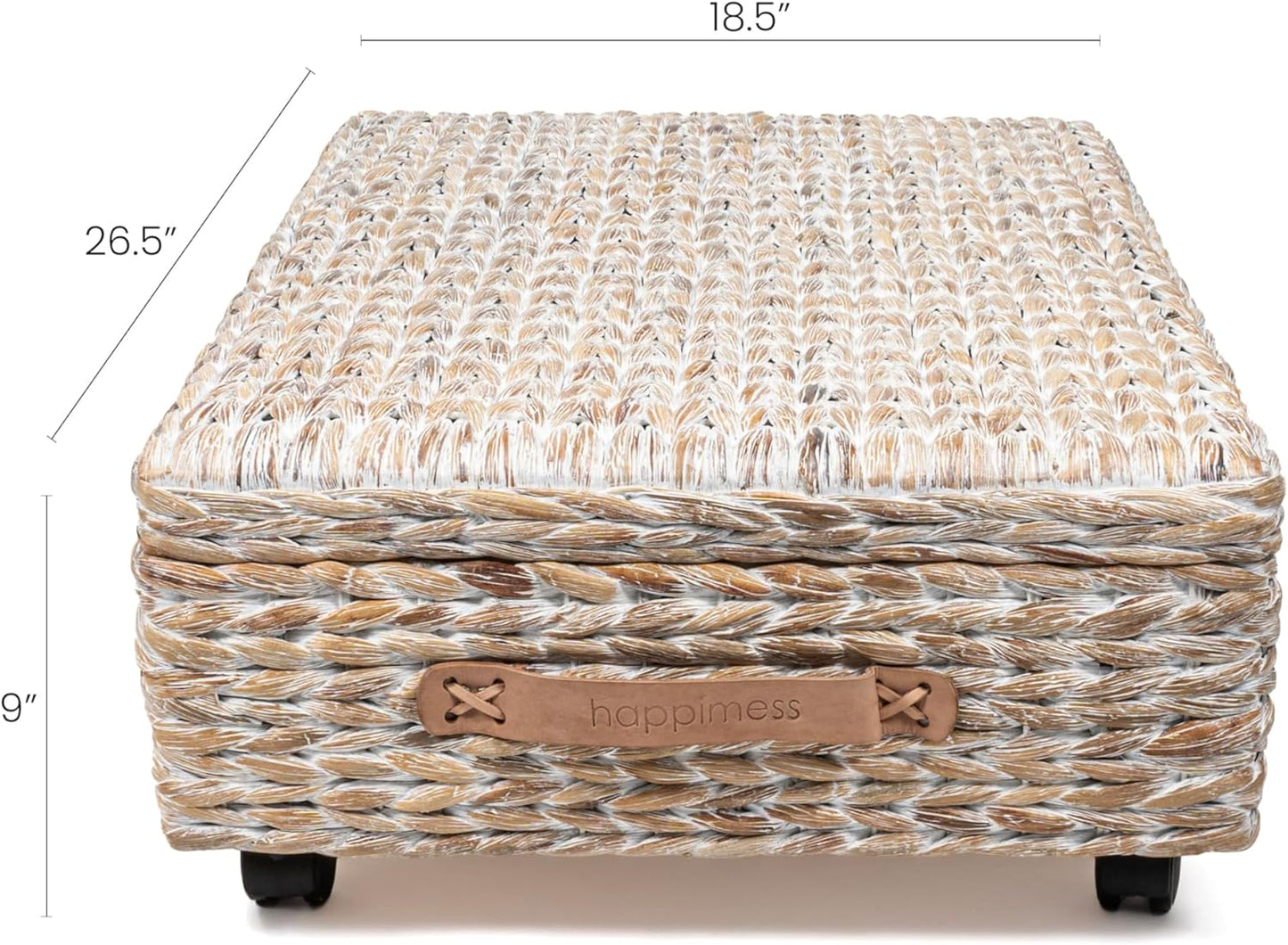 happimess BSK1006C 26.38" Chett Minimalist Hand-Woven Hyacinth/Wood Underbed Storage Bin with Wheels and Handles for Storage and Decoration in Bathroom, Bedroom, Closet,Entryway,Guest Room, White Wash