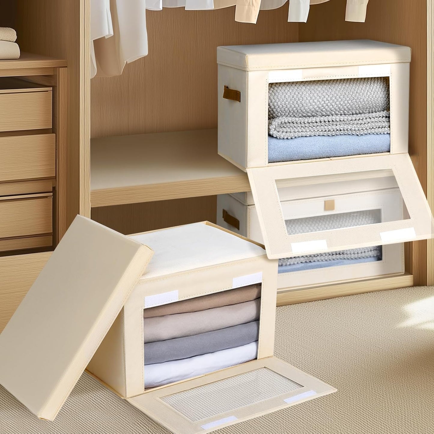 Large Closet Storage Bins - Collapsible Storage Bins with Handles & Window, Decorative Boxes with Lids, Fabric Cubes for Living Room, Dorm, 1 Pack, Beige