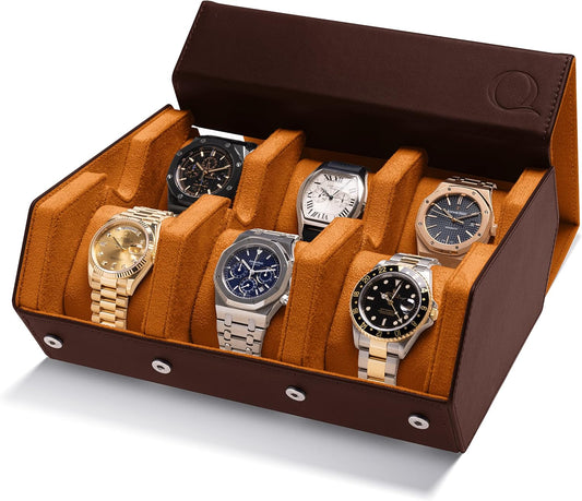 QWATCHBANDS Napa Leather Watch Case for Men - Watch Roll Storage Organizer & Watch Display - Six Slot Luxury Watch Box for Home or Travel - Mens 6 Watch Holder Case (Brown Tan)