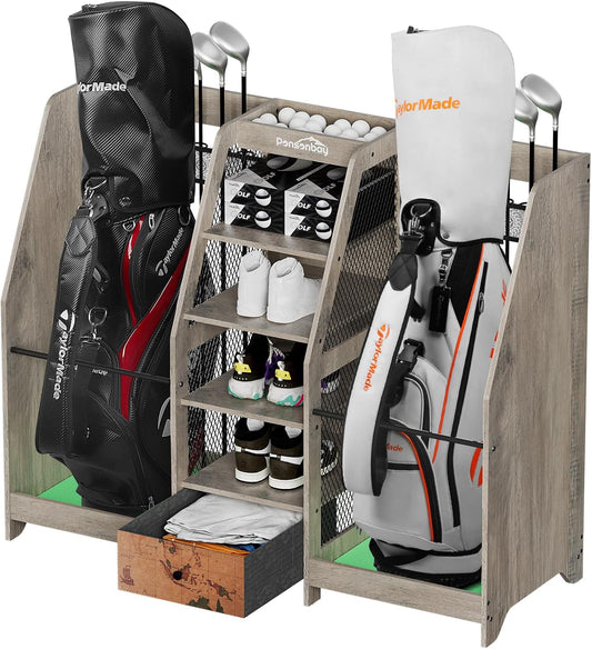 Golf Bag Storage Organizer for Garage, Premium Wooden 2 Golf Bags Rack with Drawer, Easy Assemble Golf Club Stand/Holder Suitable for Garage Home Simulator and Office