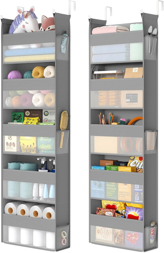 SONGMICS Over The Door Organizers, Set of 2 Hanging Door Organizers with 5 Large Pockets, 5-Tier Fabric Storage, Transparent Nylon Mesh, Foldable, Metal Hooks, with Side Pouches, Dove Gray URDH008G01