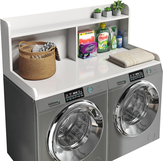 2-Tier Washer Dryer Countertop, 18.5" Raised Height Laundry Countertop with Edge Rails and Non-Slip Pad, 54"W x 27.55"D Washer and Dryer Topper for Laundry Room Storage Organization (White)