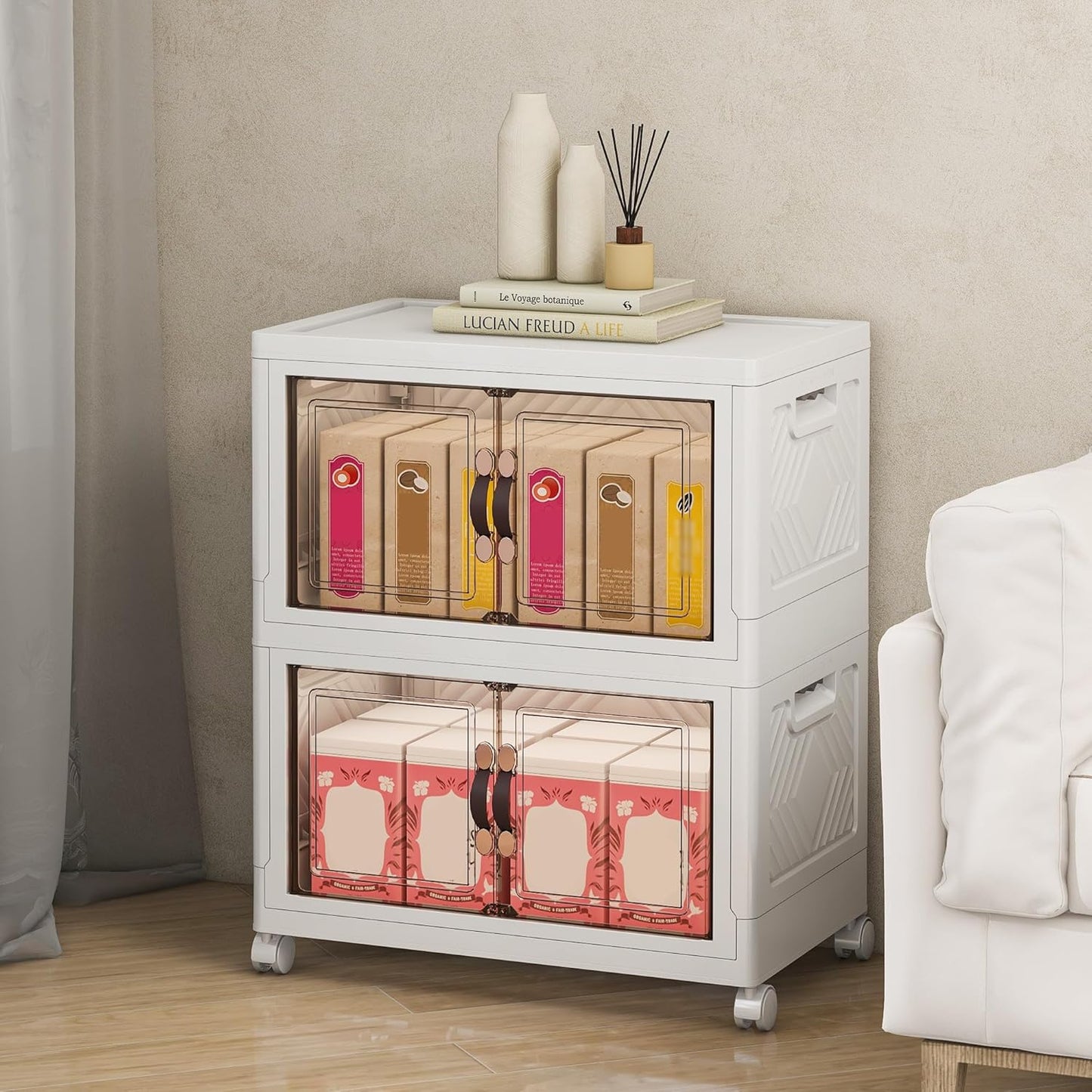 Storage Bins with Lids and Wheels, Collapsible Bathroom Storage Cabinet with Clear Doors, Plastic Stackable Closet Organizers and Storage Containers White 90 QT