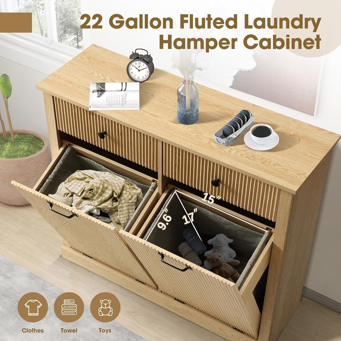 Grepatio Tilt Out Fluted Laundry Hamper Cabinet, 22 Gallon Double Hidden Laundry Hamper, Wooden Trash Can Cabinets with 2 Drawers, Modern Garbage Can Cabinet for Bathroom, Kitchen (Natural, Double)