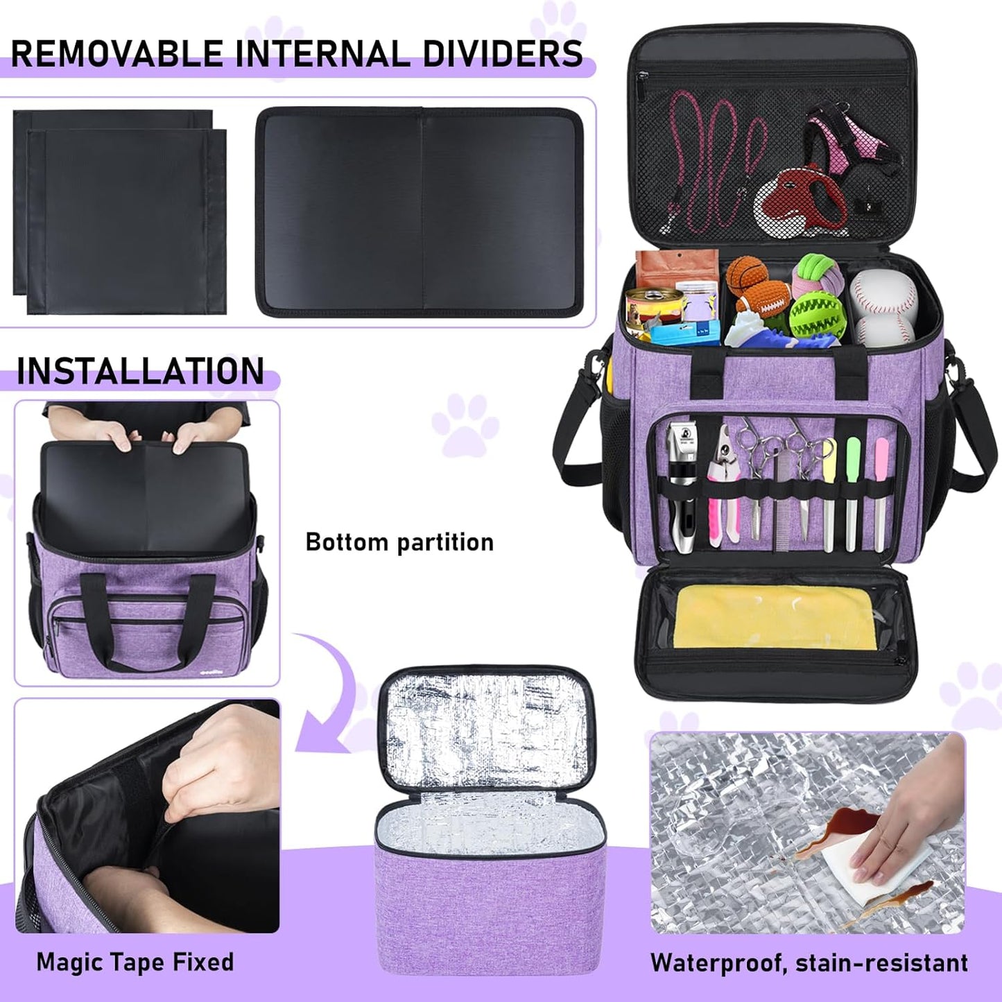 GMAK Pet Grooming Bag, Dog Grooming Tote Bags Supplies Organizer Case Pets Tools Organizer Tote for Dog Cat Grooming Tool Kit, Clippers, Scissors and Accessories, Purple(Bag Only)