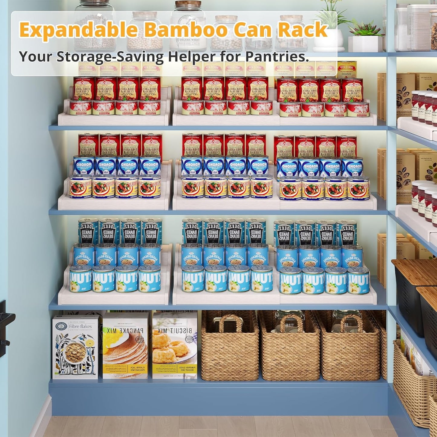 Expandable Bamboo Can Rack Organizer for Pantry, 3-Tier Adjustable Can Storage for Kitchen Cabinets, Soda & Canned Goods Holder for Pantry Organization, Holds Up to 24 Cans, White (Patent Pending)