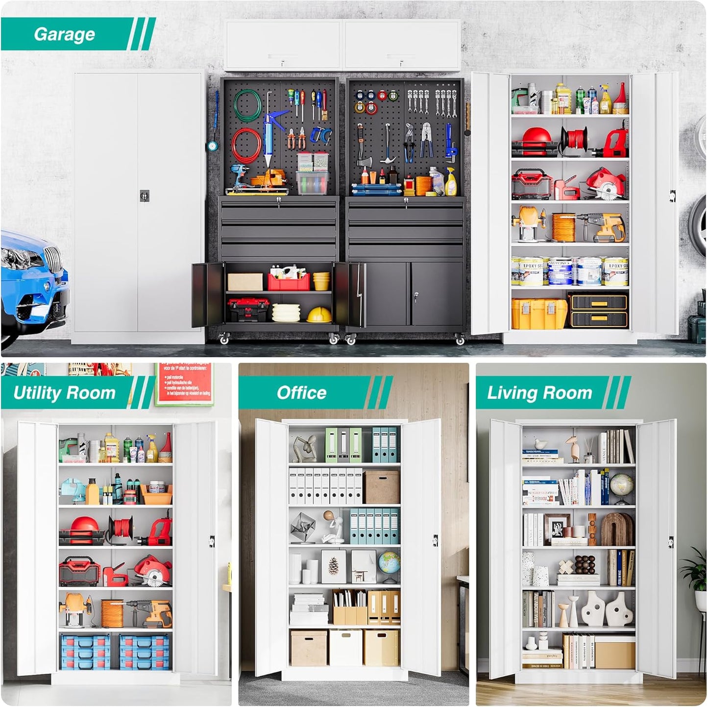 SISESOL White Metal Storage Cabinet with 5 Adjustable Shelves,71" Tall Metal Cabinet with Locking Doors,Steel Cabinet with Lock,Lockable Storage Cabinets for Home,Office,Kitchen,Laundry,Pantry