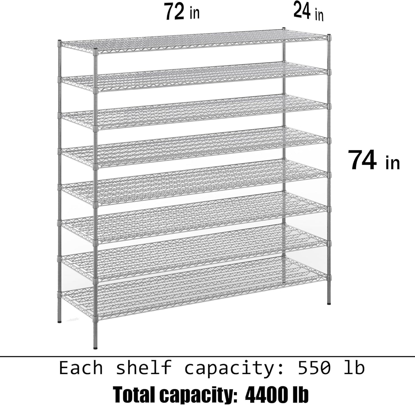 24" Deep x 72" Wide x 74" Height Wire Shelving Kit | 8-Tier | NSF Commercial Storage Rack Unit