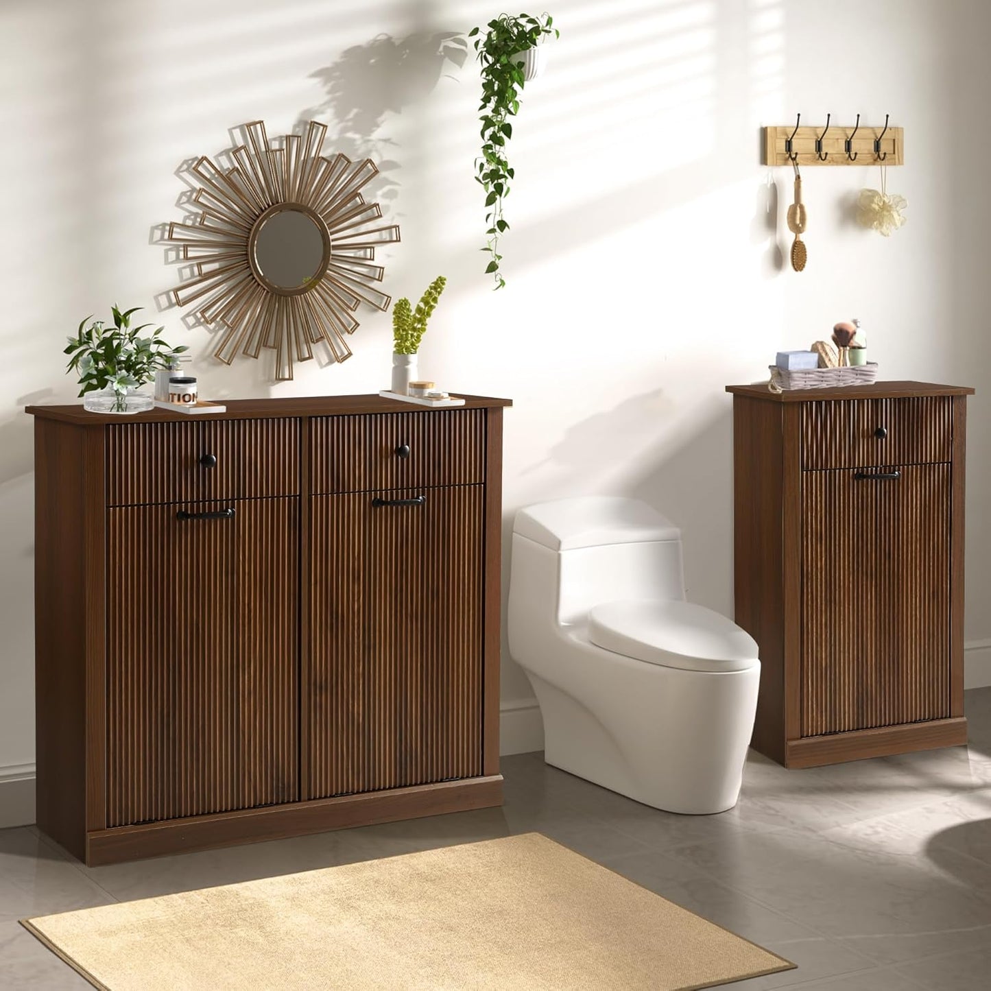 Grepatio Tilt Out Fluted Laundry Hamper Cabinet, 11 Gallon Hidden Laundry Hamper, Wooden Trash Can Cabinets with Drawer, Modern Garbage Can Cabinet for Bathroom, Kitchen, Living Room (Brown, Single)