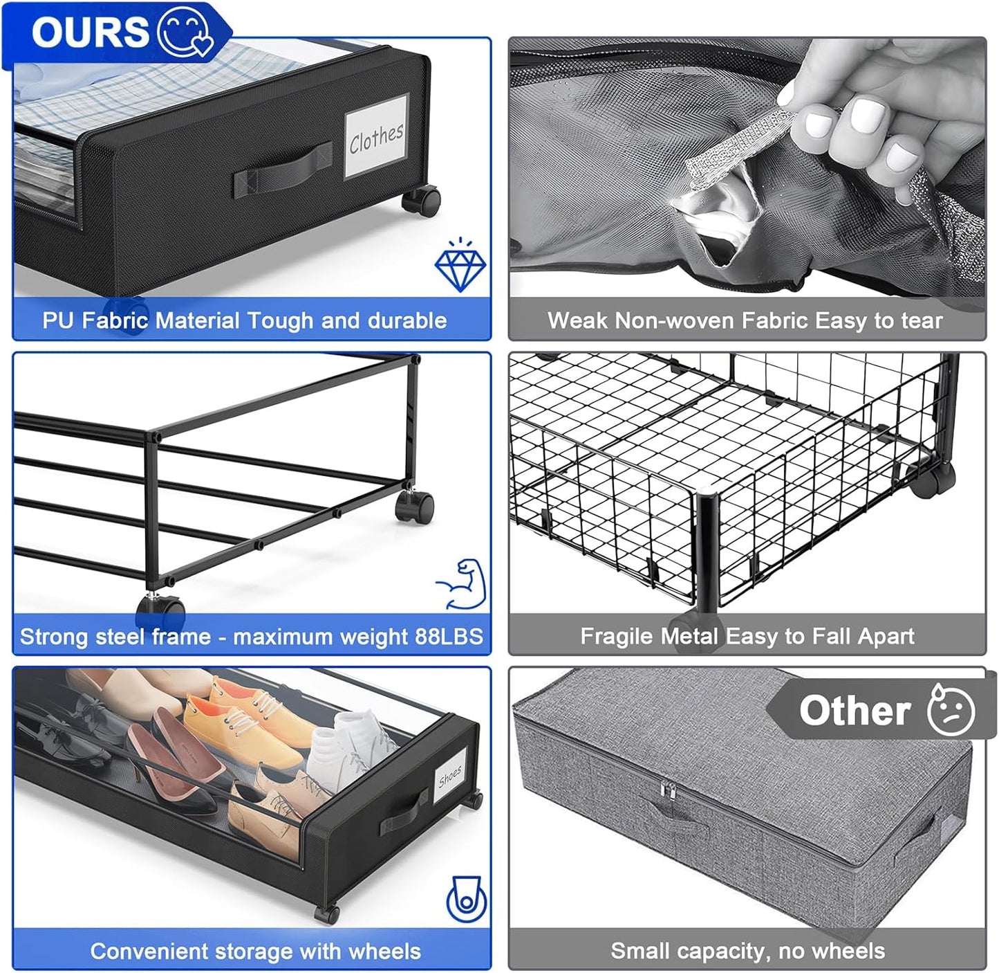 Beborxue Under Bed Storage with Wheels, 4-Pack UnderBed Storage Containers with Clear Lids, XXL 60L Under the Bed Storage Organizer Bins, Rolling Under Bed Metal Drawer for Clothes,Shoes,Toys (Black)