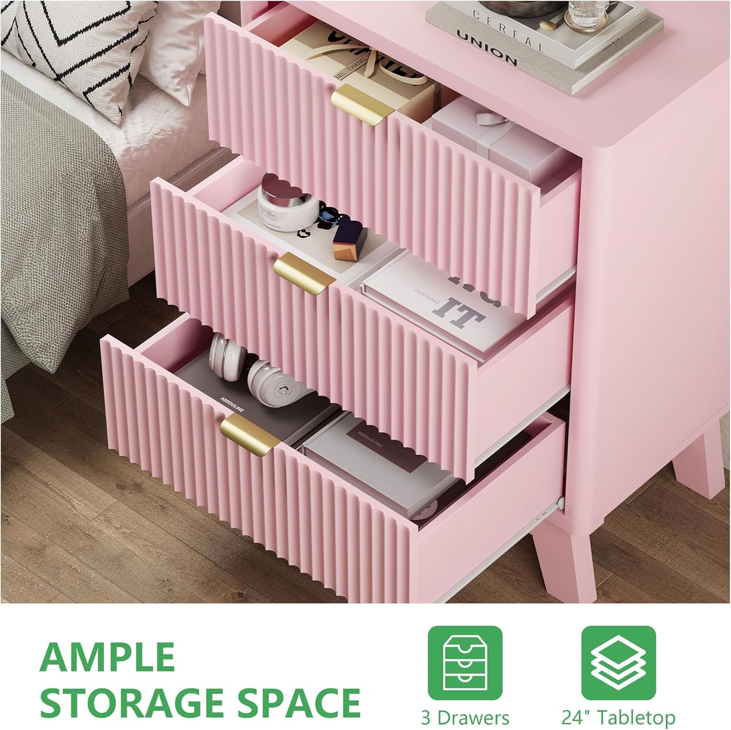 Fluted Nightstand with 3 Storage Drawers, 24" Wide Wood Bedside Table with Mental Handle, Mid Century Modern Wooden Side Table Night Stand, Curved End Table for Bedroom, Living Room, Pink