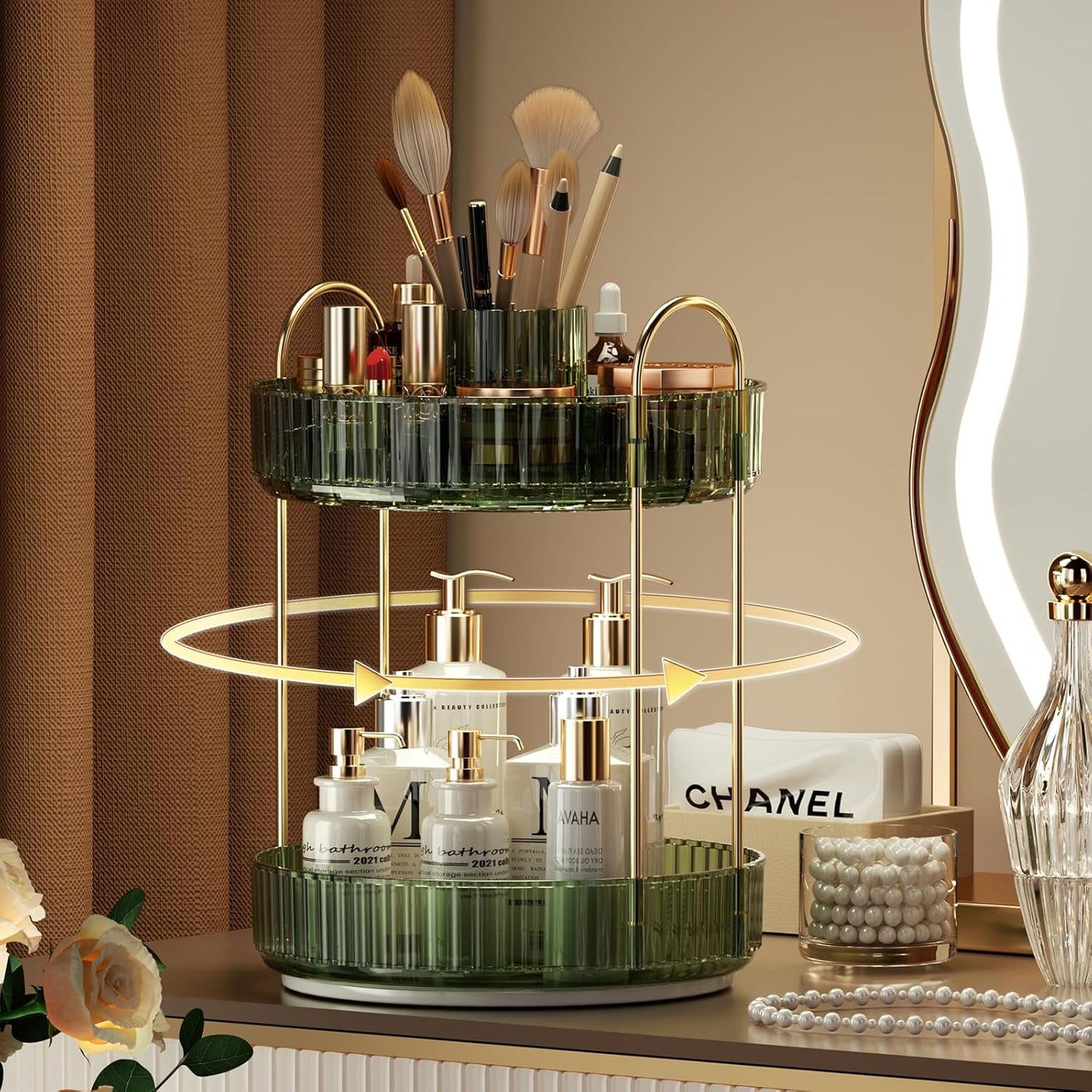 YCIA&DONE Rotating Makeup Organizer for Vanity, Large Capacity Make Up Storage Skin Care Shelf Perfume Holders Cosmetic Dresser Organizer Countertop Spinning 360 (Vintage Green, 2Tiers)