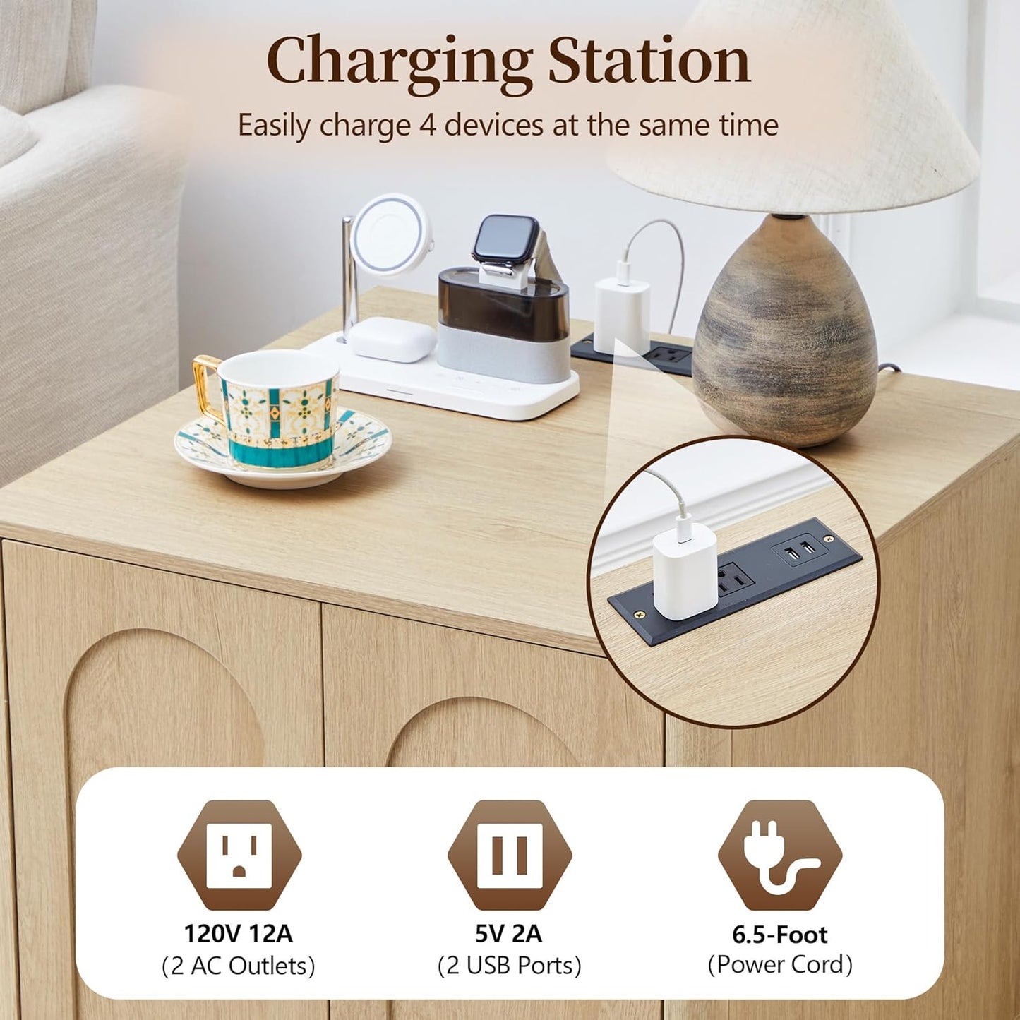 Bed Side Table Set of 2 with Charging Station, Mid Century Modern Nightstand with 2 Doors, Square End Table with Storage for Couch,Living Room, Sofa Side Table for Office,Dorm - Natural