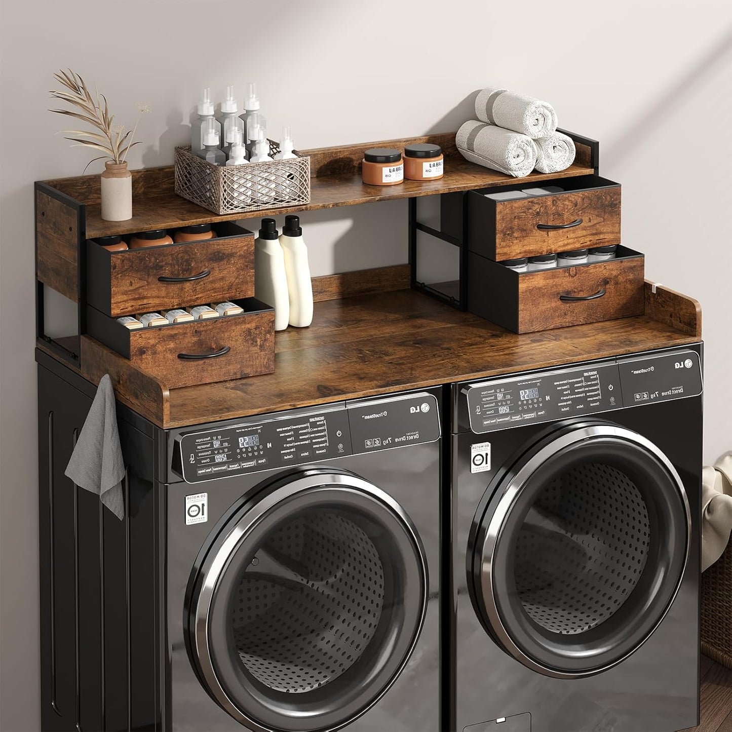 4 Drawers Washer Dryer Countertop with Shelf, 27.5" D x 54" W Laundry Topper with 3.54" High Guardrails and Non-Slip Pads,Extra Storage Organizer for Over Washer and Dryer, Holds 66 Lbs,Vintage Brown