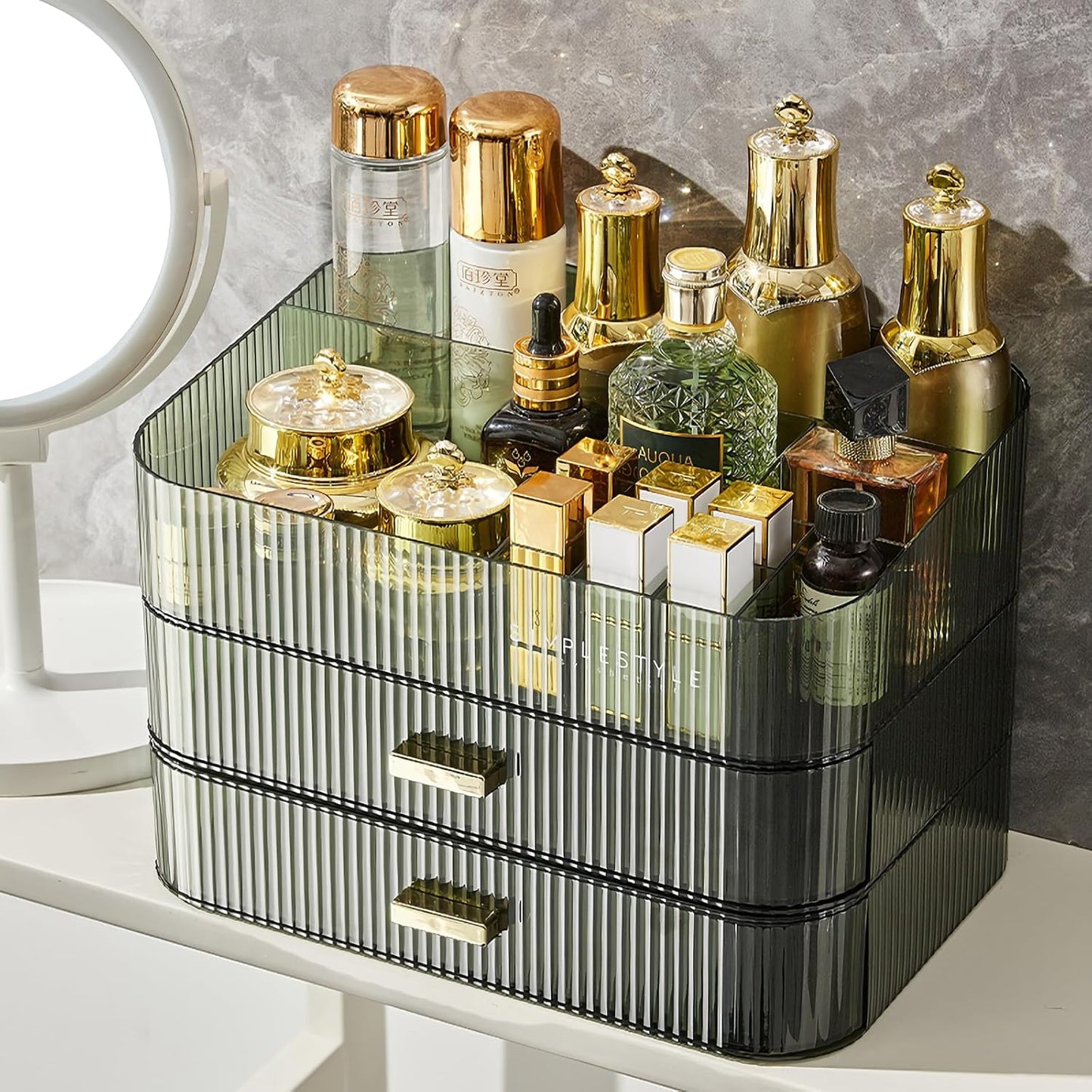 Makeup Organizer for Vanity, Large Desk Organizer with Stackable Drawers for Cosmetics, Skincare, Lipsticks, Palette, Nail Care, Ideal Storage for Dresser and Bathroom Countertop-Green