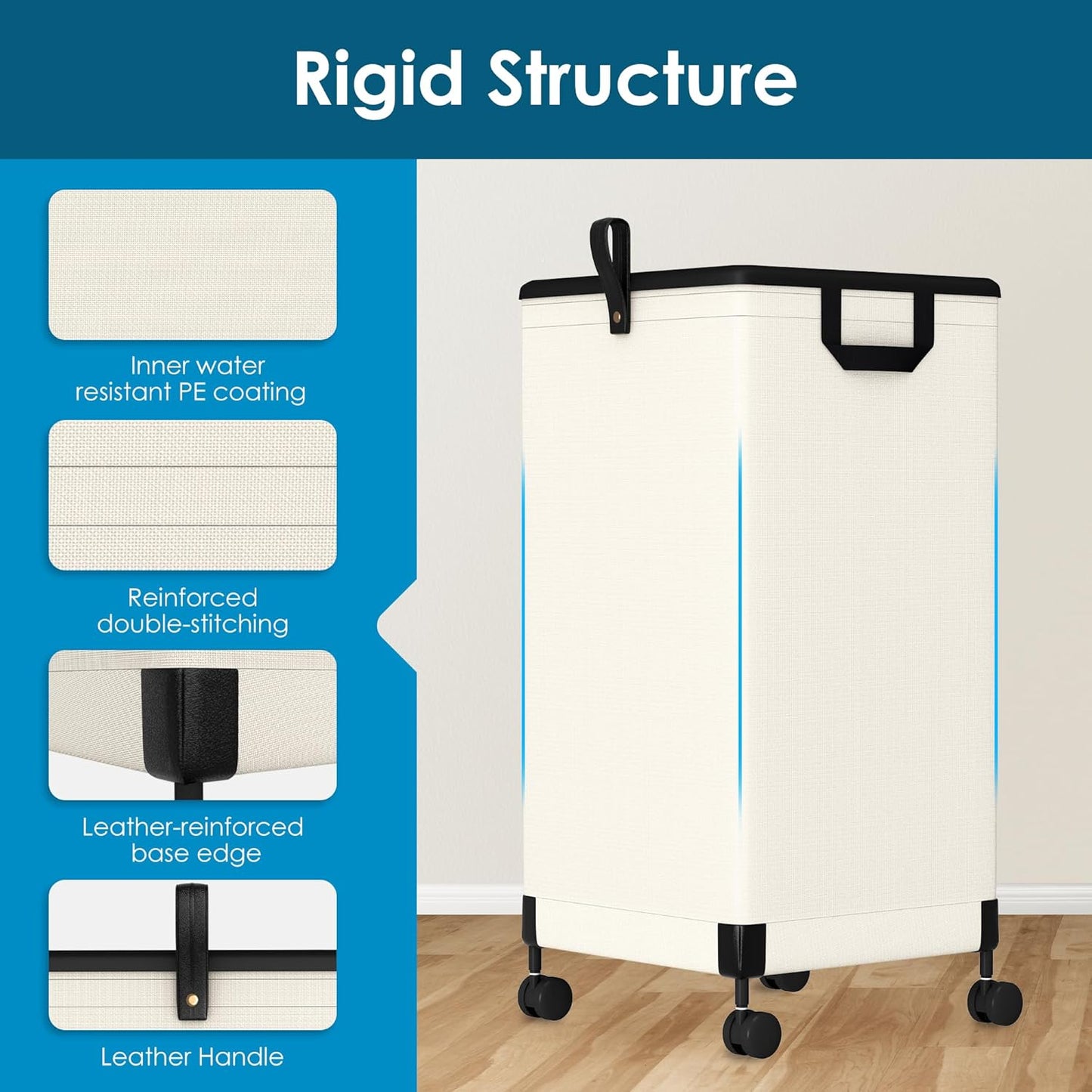 Laundry Basket with Wheels 105L, Large Rolling Laundry Hamper with Removable Bag, Metal Frame Collapsible Dirty Clothes Bin, Cloth Organizer Hampers Pull Handle for Bathroom, Dorm, Bedroom White