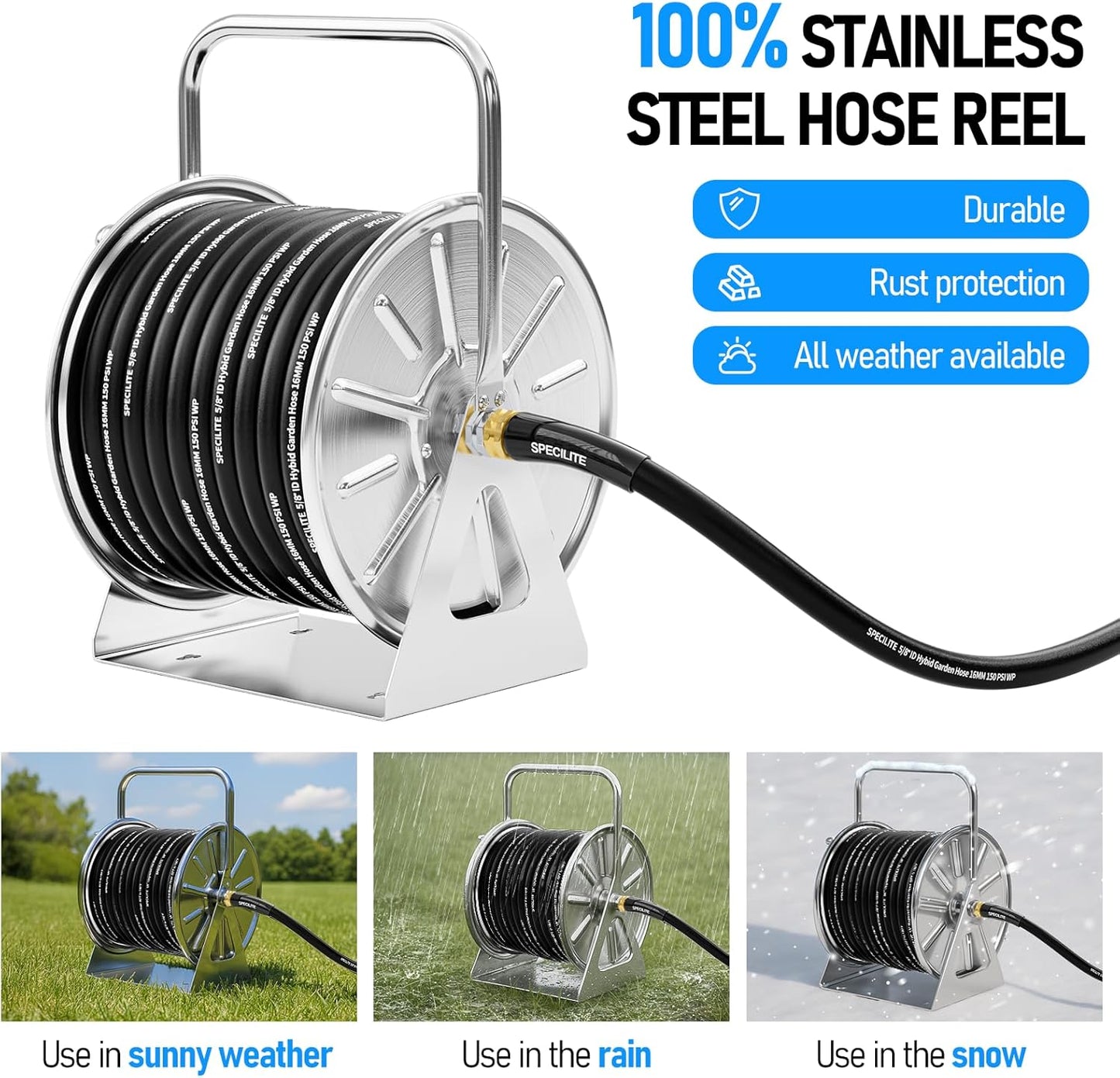SPECILITE Stainless Steel Garden Hose Reel with 5/8" 75FT Hybrid Rubber Hose and 6FT Leader Pipe, Wall/Floor Metal Mounted Storage Spool, UV Resistant for Outside, Yard, Patio