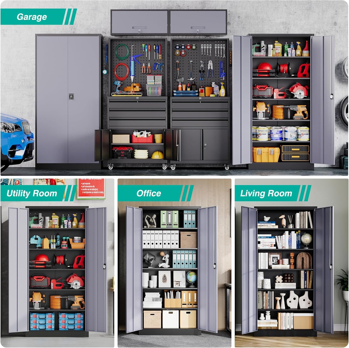 SISESOL Metal Storage Cabinet with 2 Doors and 6 Shelves,Gray Metal Cabinet with Lock,71" Lockable Garage Storage Cabinets,Locking Steel Cabinets for Home,Office,Garage,School