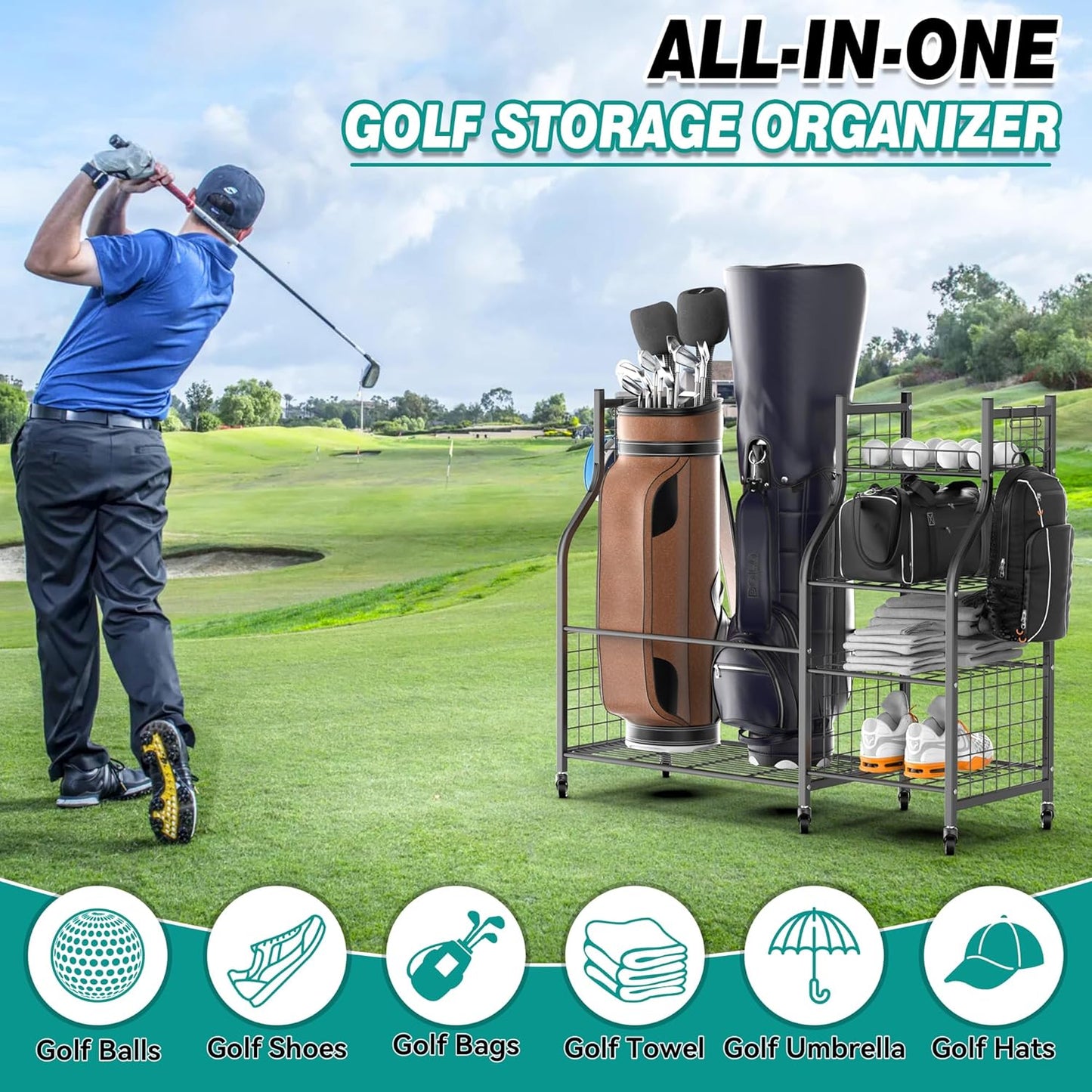 EVERHANGER Golf Bag Storage Organizer, Freestanding Golf Bag Holder Stand, Heavy Duty Golf Storage Rack for Garage, Club