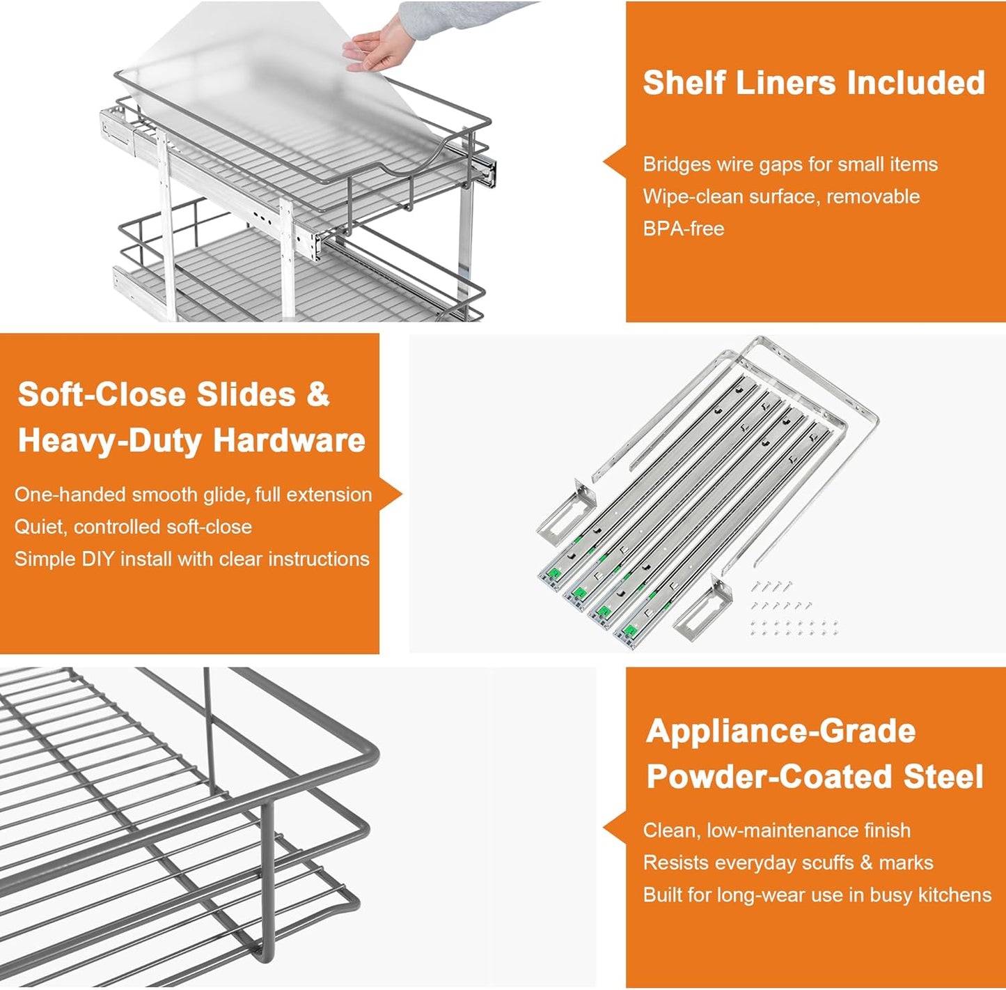 ALINE FURNITURE 2-Tier Pull Out Cabinet Organizer - 14" W x 22" D Soft Close Pullout Shelves with Shelf Liners - Slide Out Drawers for Kitchen Cabinets, Pantry, Bathroom, Heavy Duty Steel Wire Baskets