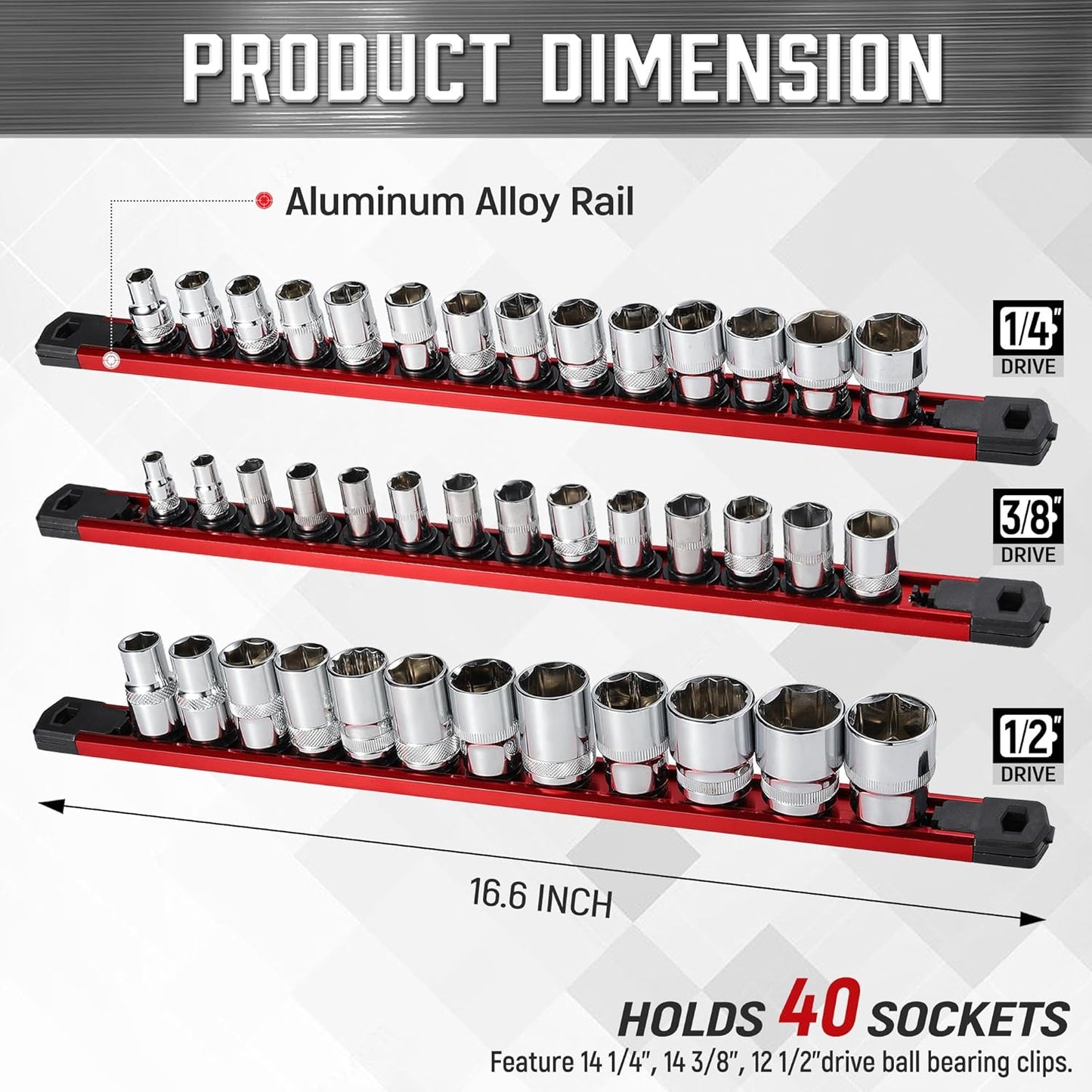 ALOANES 3-Piece Magnetic Socket Organizer, Heavy Duty Aluminum Socket Rails Organizer, 360° Swivel Clips Socket Holder Kit for Tool Box, 1/2, 3/8, 1/4-Inch Socket Holder x 40 Clips (Red)