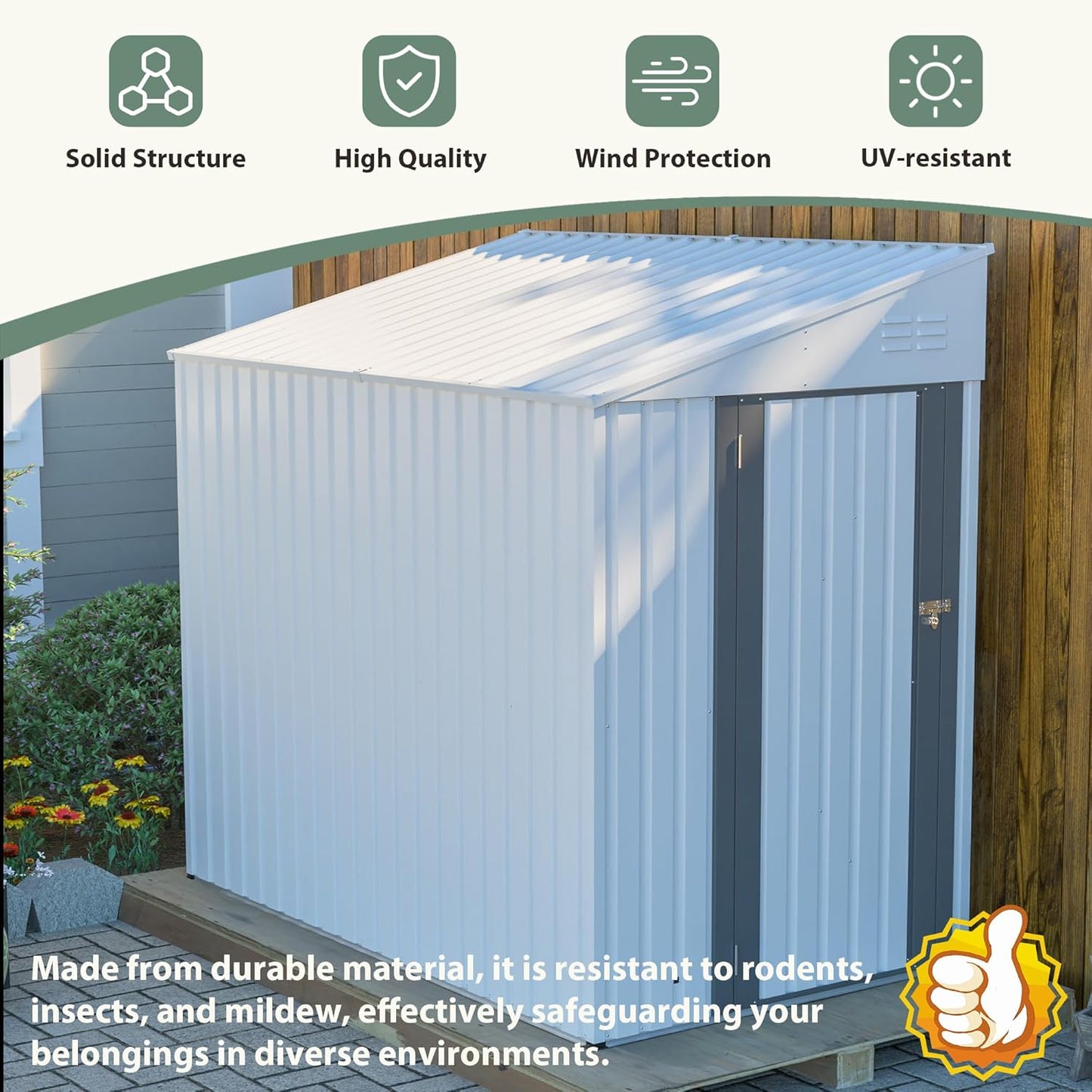 4x7 FT Outdoor Storage Shed,Lean to Lockable Metal Garden Shed Steel with Reinforced Beams,All Weather Waterproof Storage House W/Lockable Door&2 Air Vents,for Backyard,Patio,Lawn,Garden,White