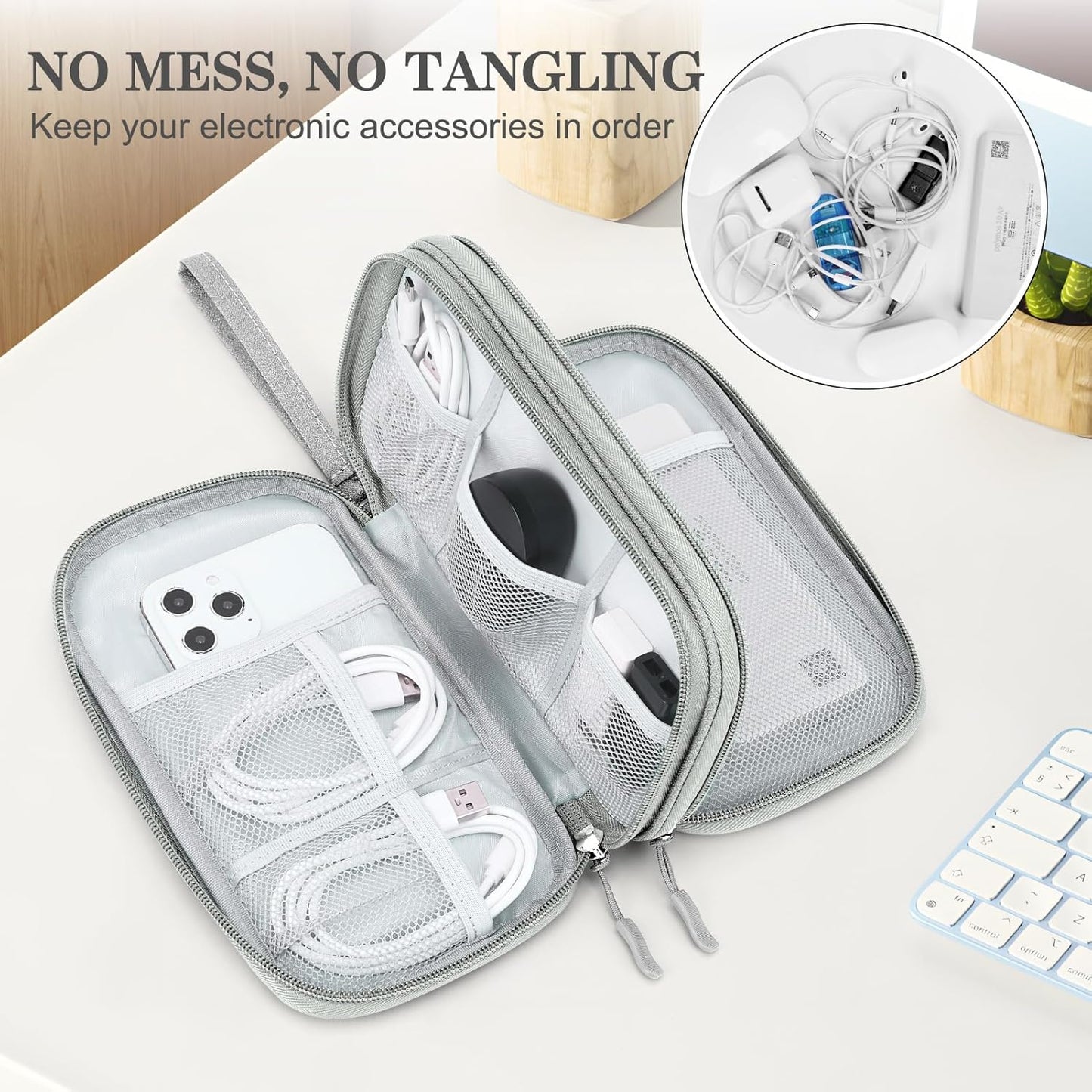 FYY Travel Electronic Cable Organizer Bag, Pouch Electronic Accessories Carry Case Portable Waterproof Double Layers Storage Bag for Cable, Cord, Charger, Phone, Earphone, Medium Size, Grey